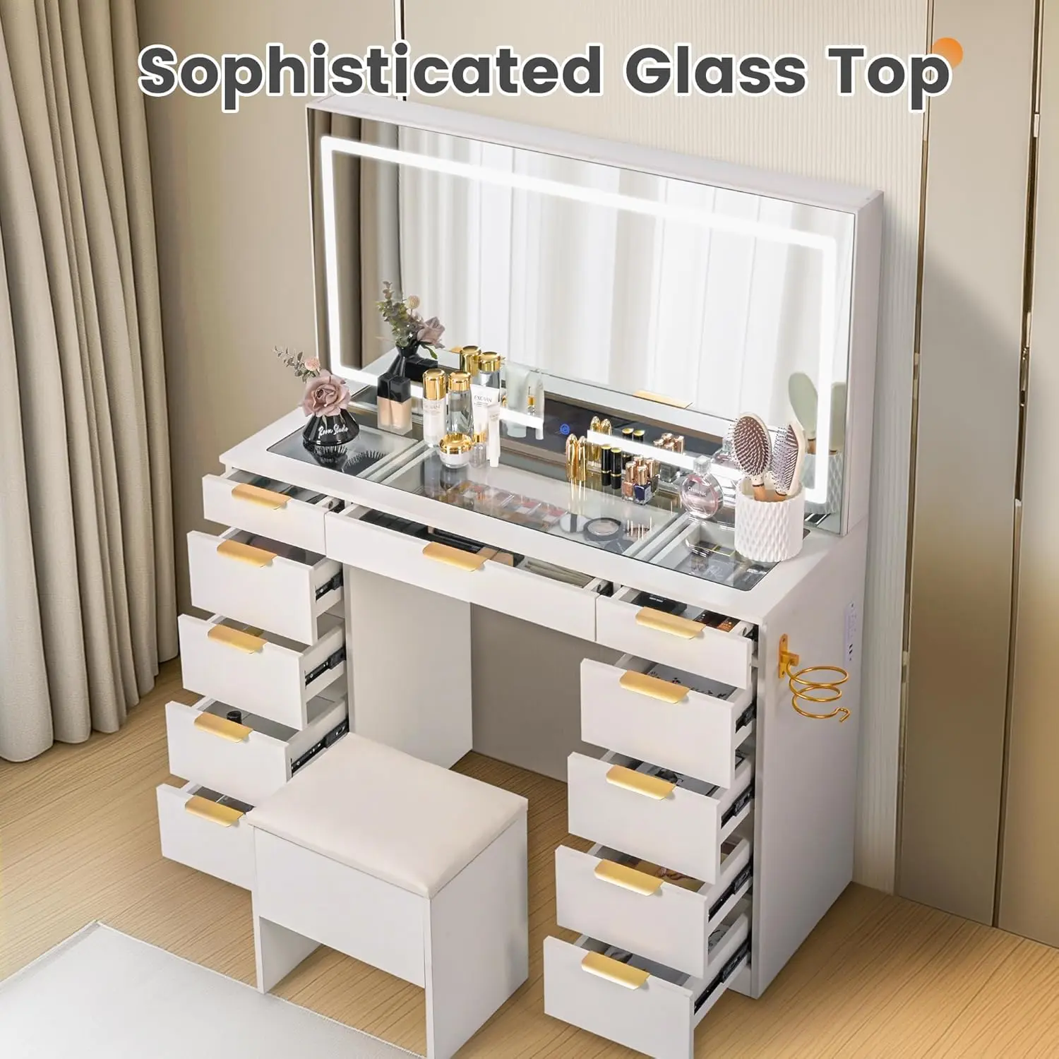 Glass Top Vanity Desk with Mirror and Lights, 11 Drawers Makeup Vanity with Golden Handles, 3 Lighting Modes Upgraded Silent