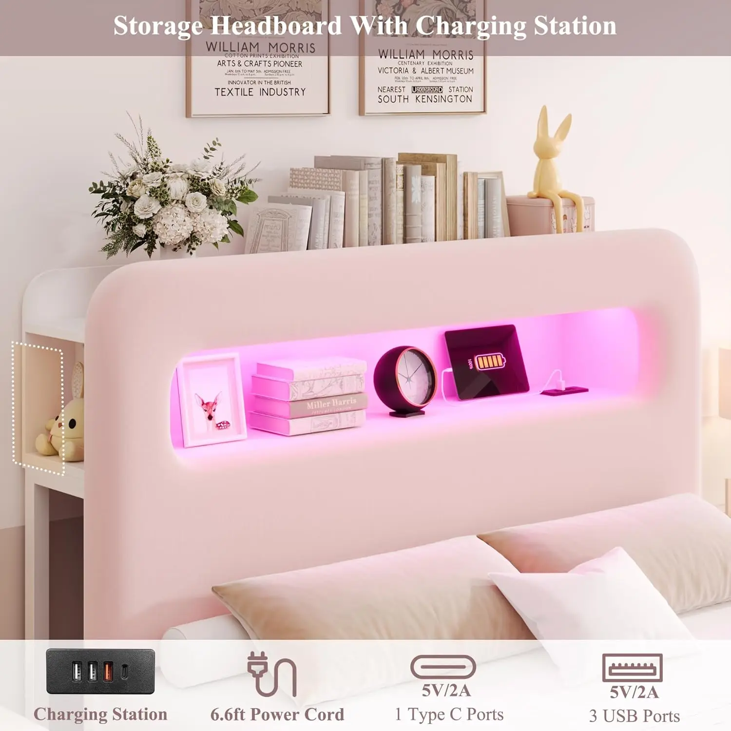 Queen LED Bed Frame with Storage Headboard and Charging Station, Girls Bed Frame with 2 Drawers and USB Ports,Pink
