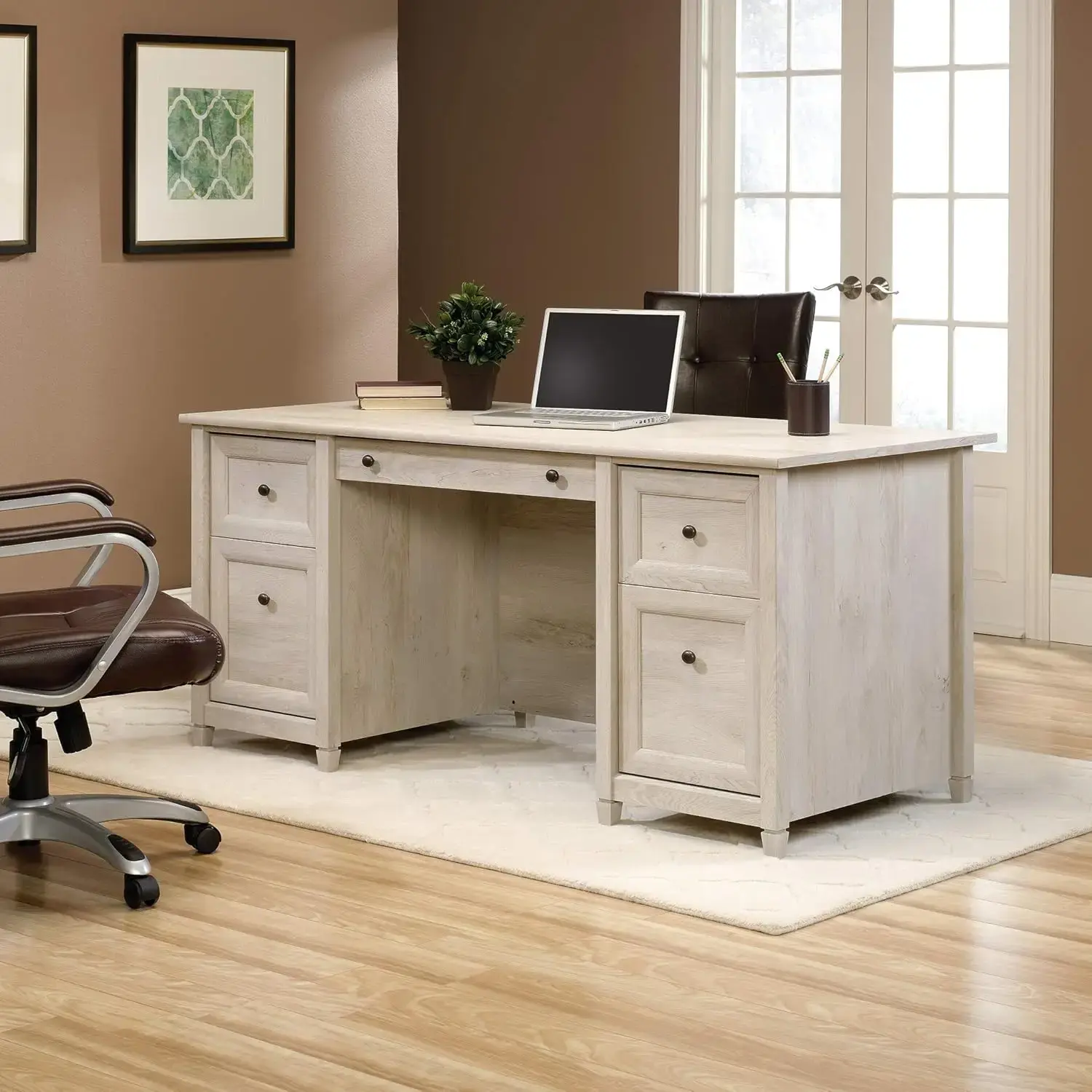 Edge Water Executive Desk, L: 65.12" x W: 29.53" x H: 29.37", Chalked Chestnut