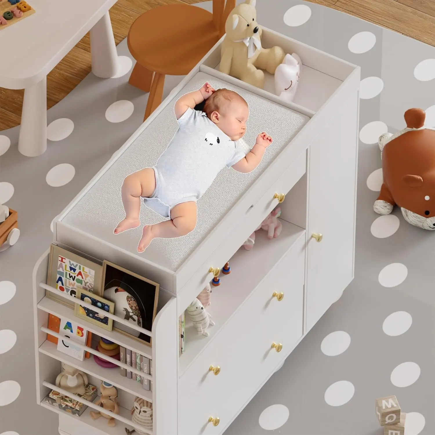Nursery Dresser with Baby Changing Table, Modern Diaper Changing Station,Dresser for Nursery with 3 Drawers & Shelves