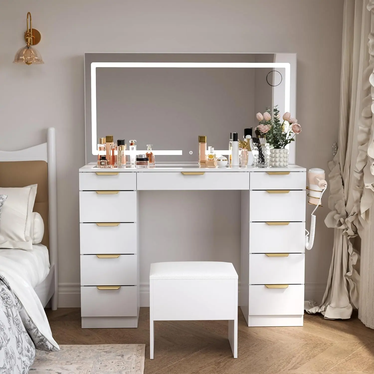 Glass Top Vanity Desk with Mirror and Lights, 11 Drawers Makeup Vanity with Golden Handles, 3 Lighting Modes Upgraded Silent
