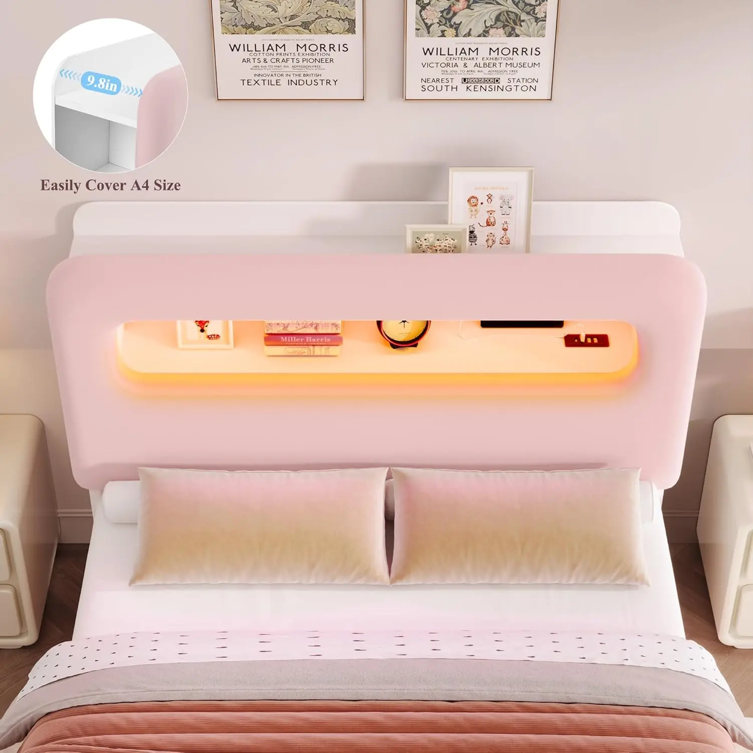 Queen LED Bed Frame with Storage Headboard and Charging Station, Girls Bed Frame with 2 Drawers and USB Ports,Pink