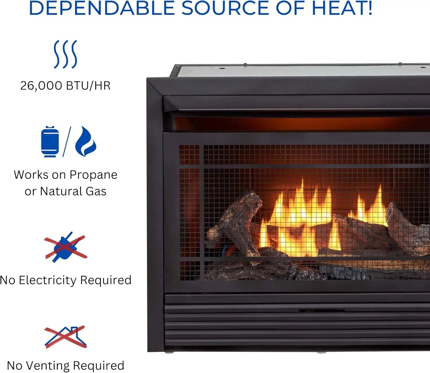 Ventless 26,000 BTU Heats 1,350 Square Feet Dual Fuel No-Clearance Gas Fireplace Insert with Remote Control, Black