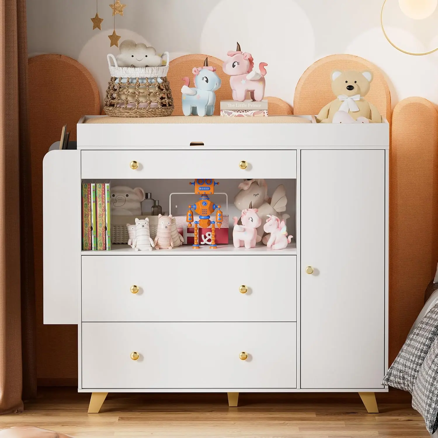Nursery Dresser with Baby Changing Table, Modern Diaper Changing Station,Dresser for Nursery with 3 Drawers & Shelves