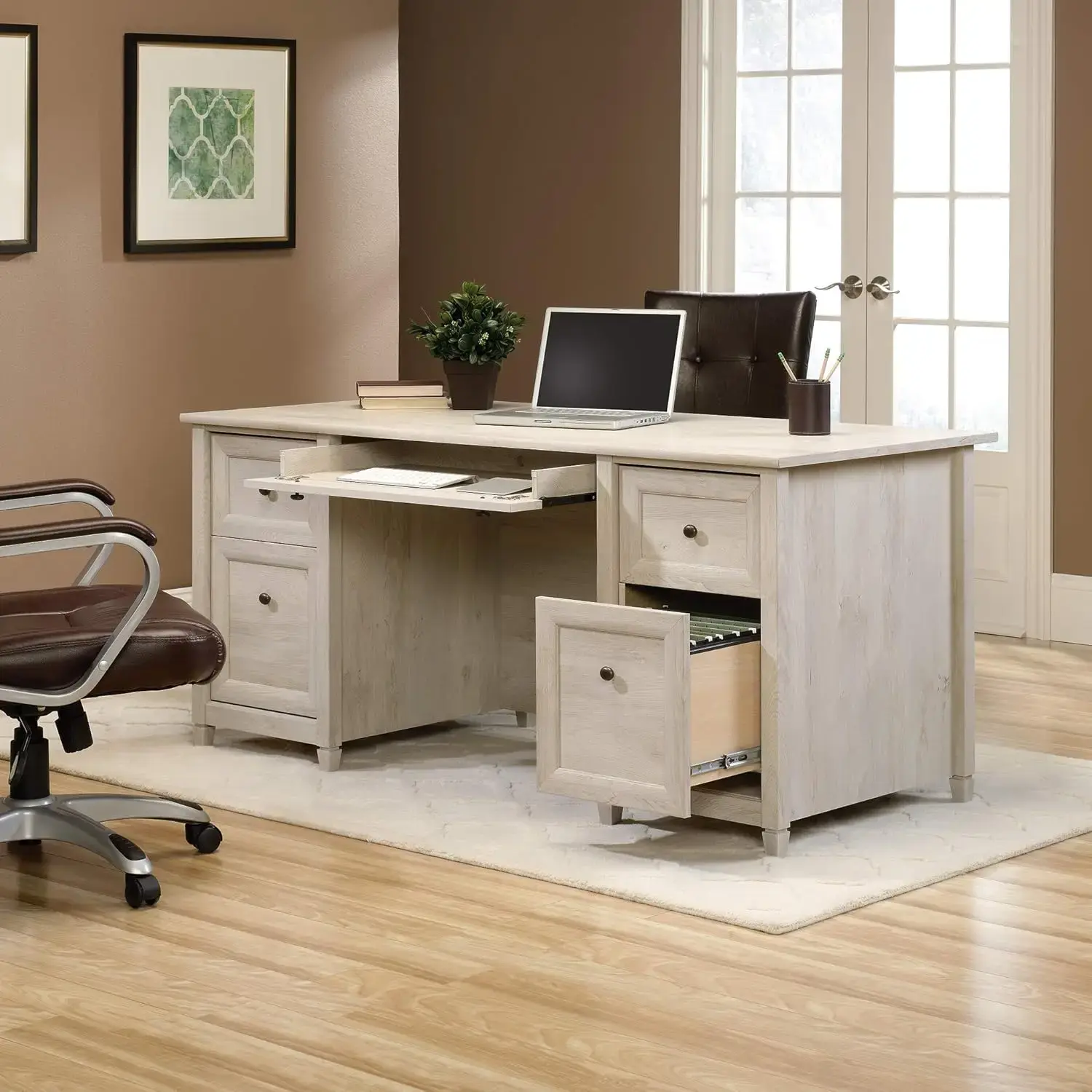 Edge Water Executive Desk, L: 65.12" x W: 29.53" x H: 29.37", Chalked Chestnut