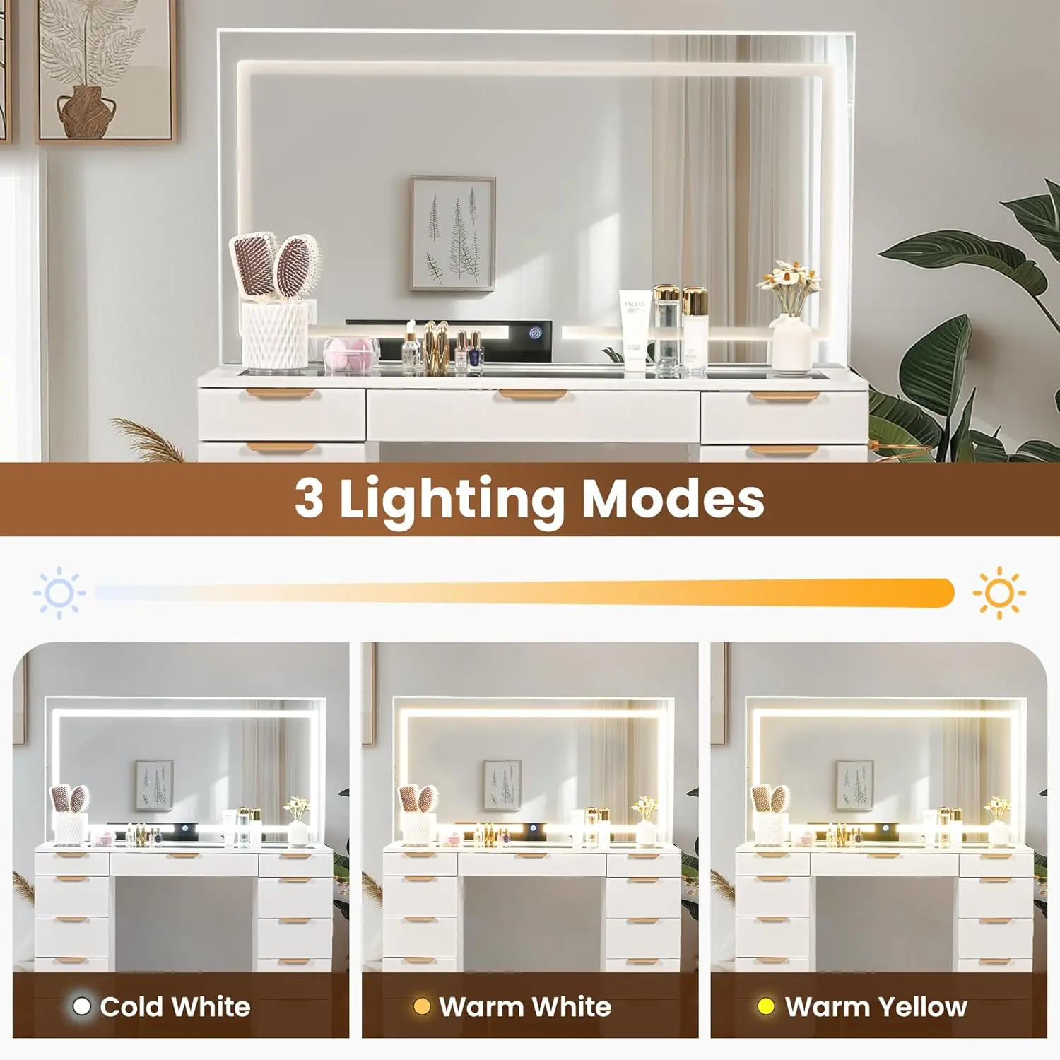 Glass Top Vanity Desk with Mirror and Lights, 11 Drawers Makeup Vanity with Golden Handles, 3 Lighting Modes Upgraded Silent
