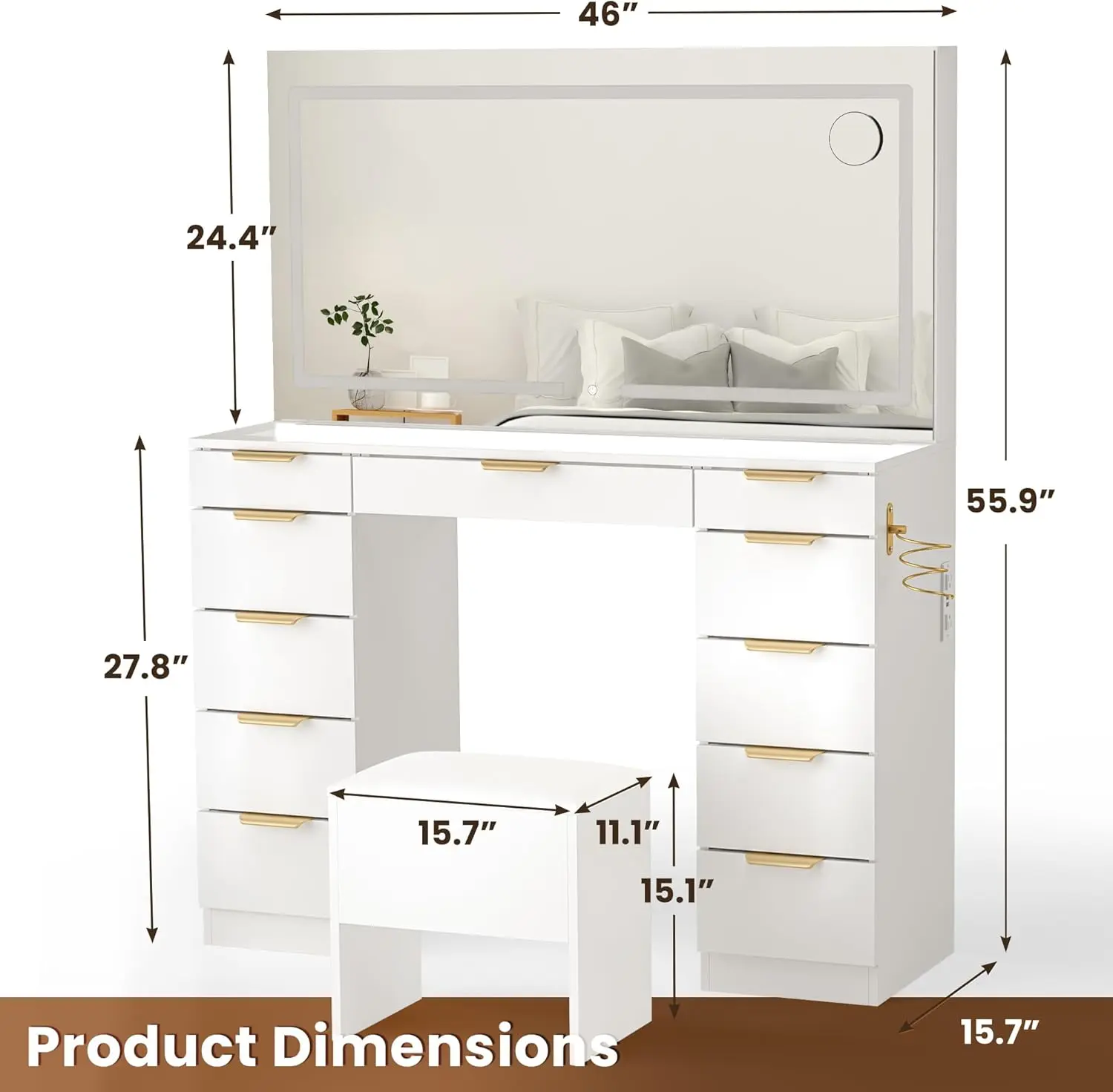 Glass Top Vanity Desk with Mirror and Lights, 11 Drawers Makeup Vanity with Golden Handles, 3 Lighting Modes Upgraded Silent