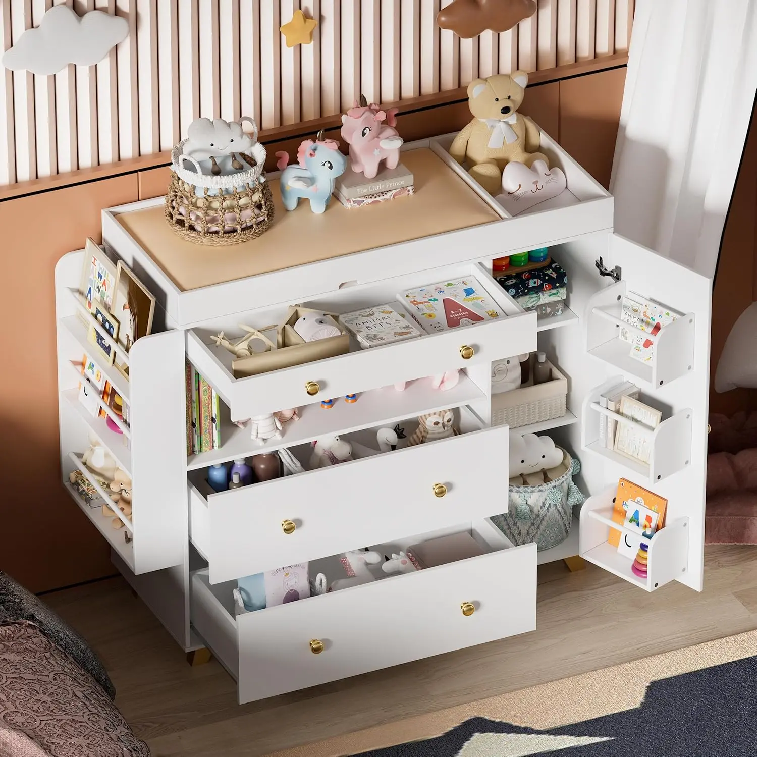 Nursery Dresser with Baby Changing Table, Modern Diaper Changing Station,Dresser for Nursery with 3 Drawers & Shelves