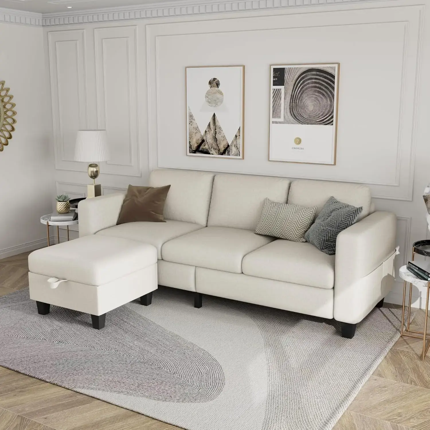 Couches for Living Room - Sectional Sofa L Shaped Cloud Couch-Small Modular 3 Seat-Comfy Linen with Storage Deep Seat Sofa