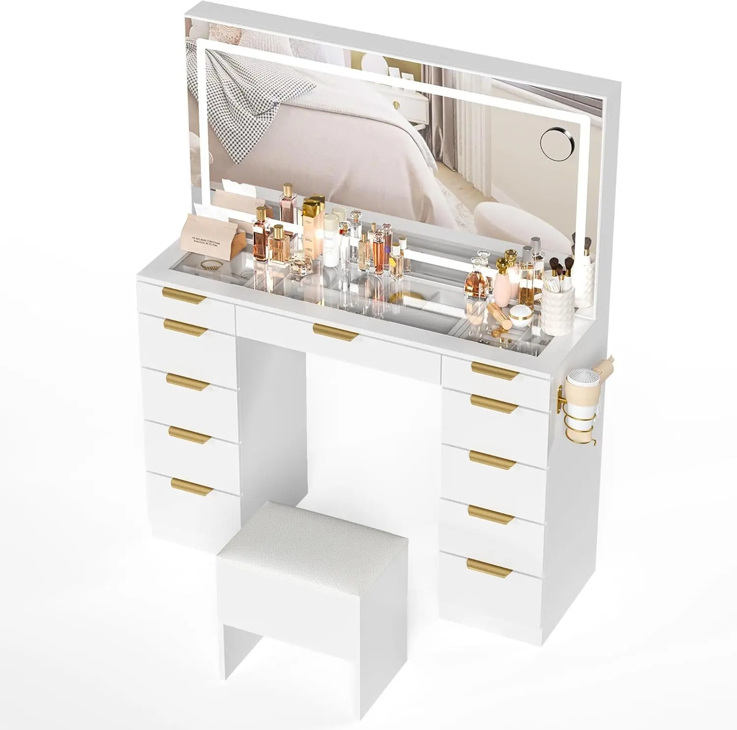 Glass Top Vanity Desk with Mirror and Lights, 11 Drawers Makeup Vanity with Golden Handles, 3 Lighting Modes Upgraded Silent