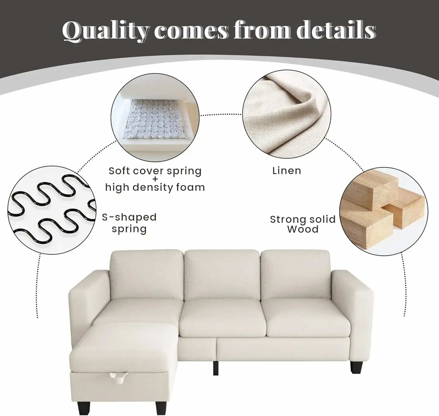 Couches for Living Room - Sectional Sofa L Shaped Cloud Couch-Small Modular 3 Seat-Comfy Linen with Storage Deep Seat Sofa