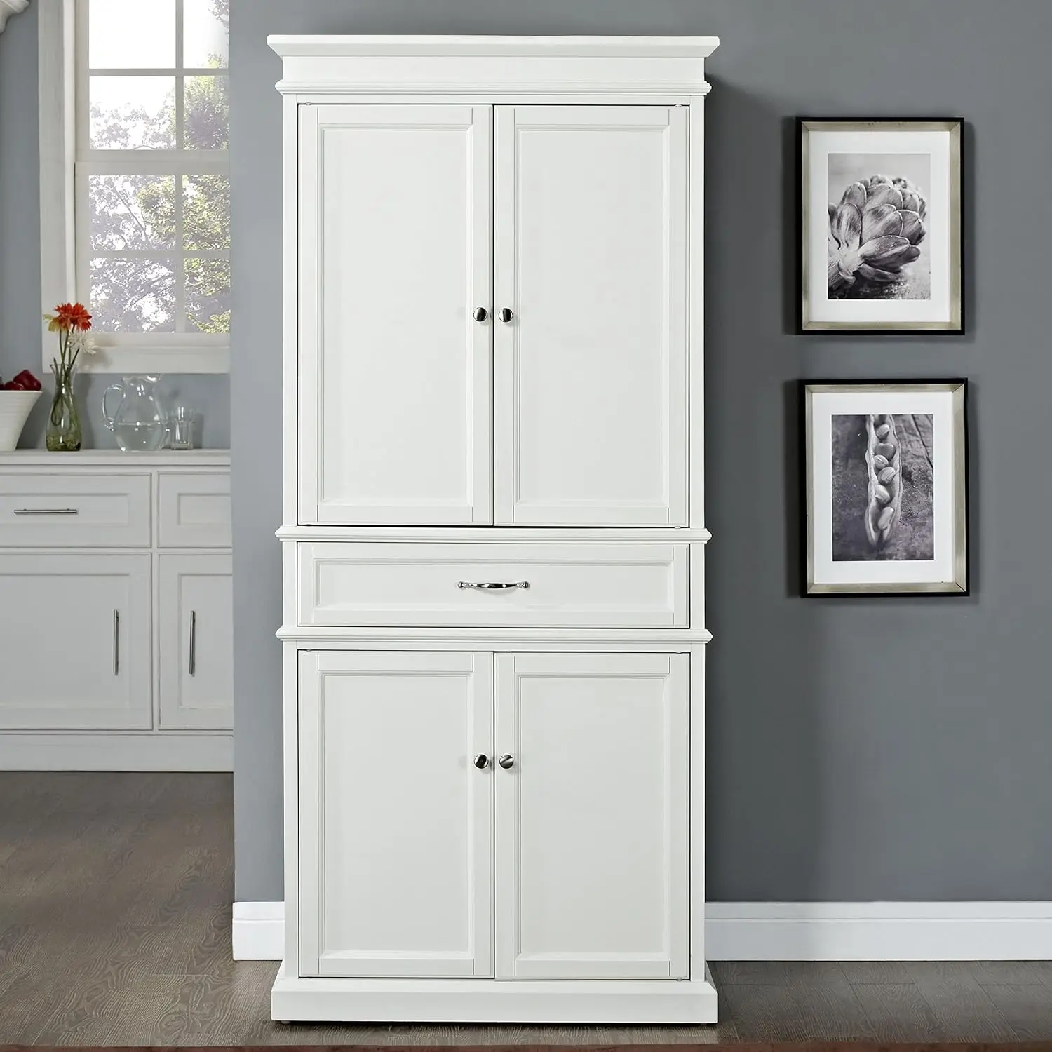 Parsons Traditional Pantry Storage Cabinet with Shelves, Kitchen, Dining, or Laundry Room, White