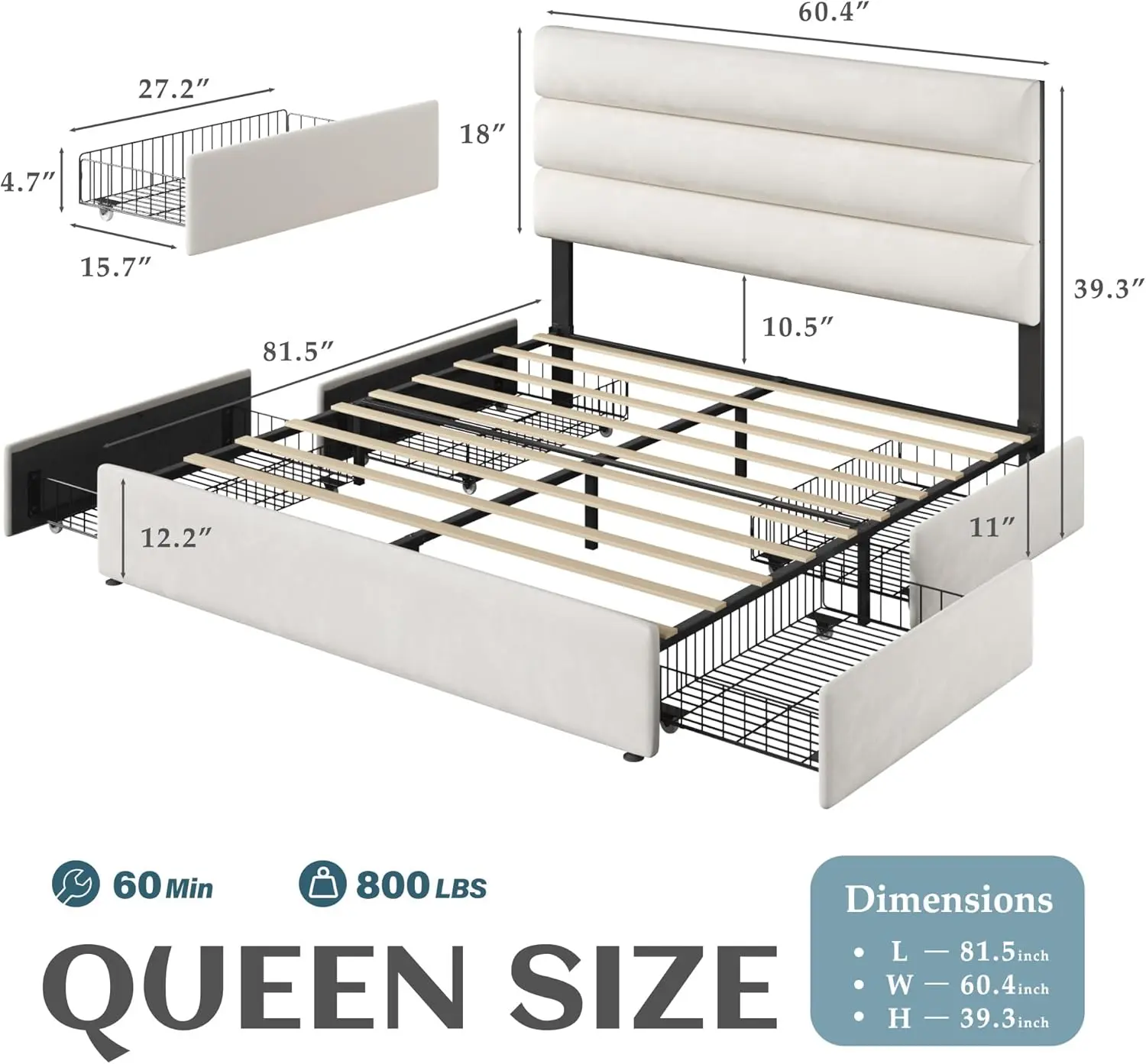 Queen Bed Frame with Storage Drawers, Queen Size Platform Bed Frame with Velvet Upholstered Headboard, Metal Support