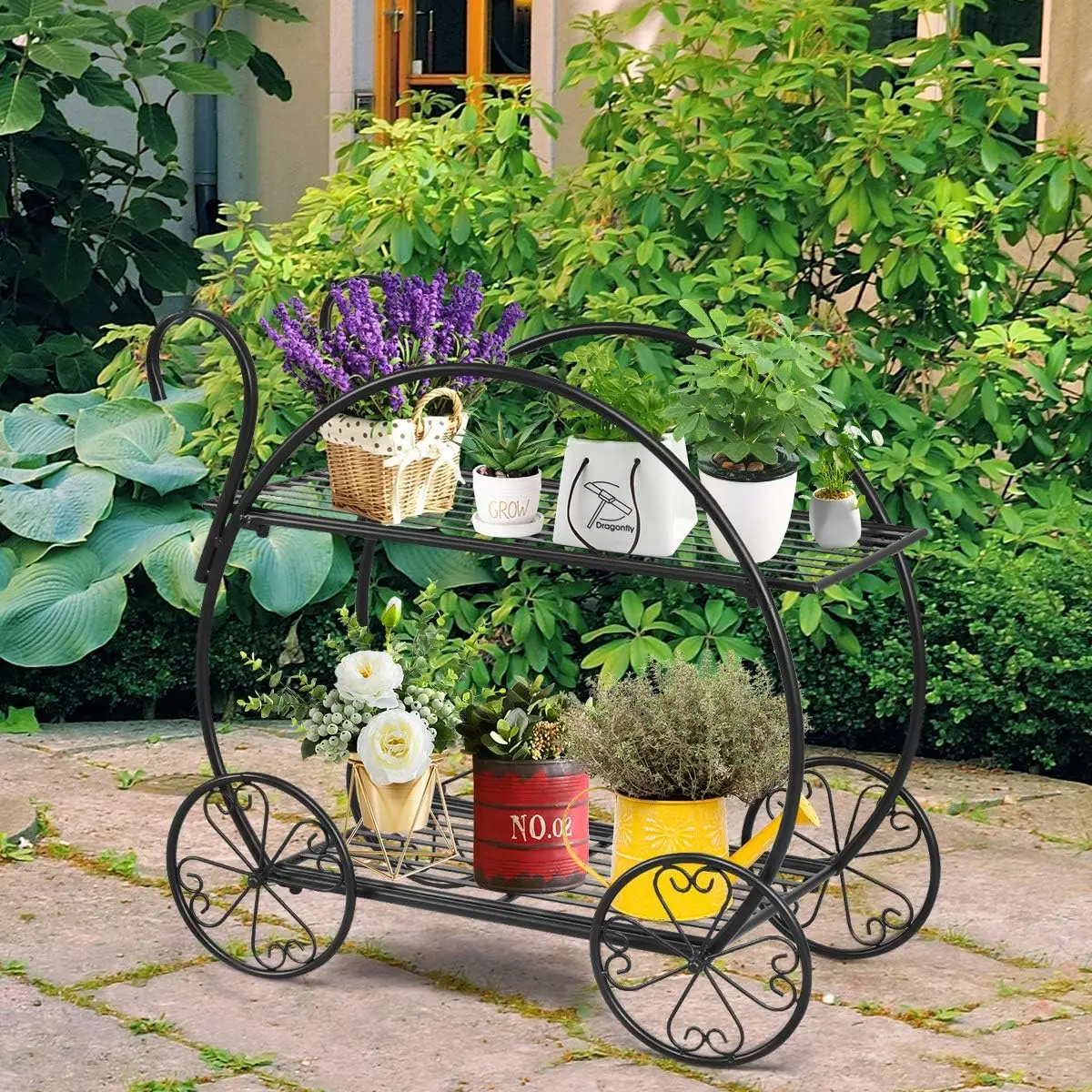 Garden Cart Metal Plant Stand with 4 Decorative Wheels, Succulent Collection Flower Pot Holder Display Shelf for Home Patio