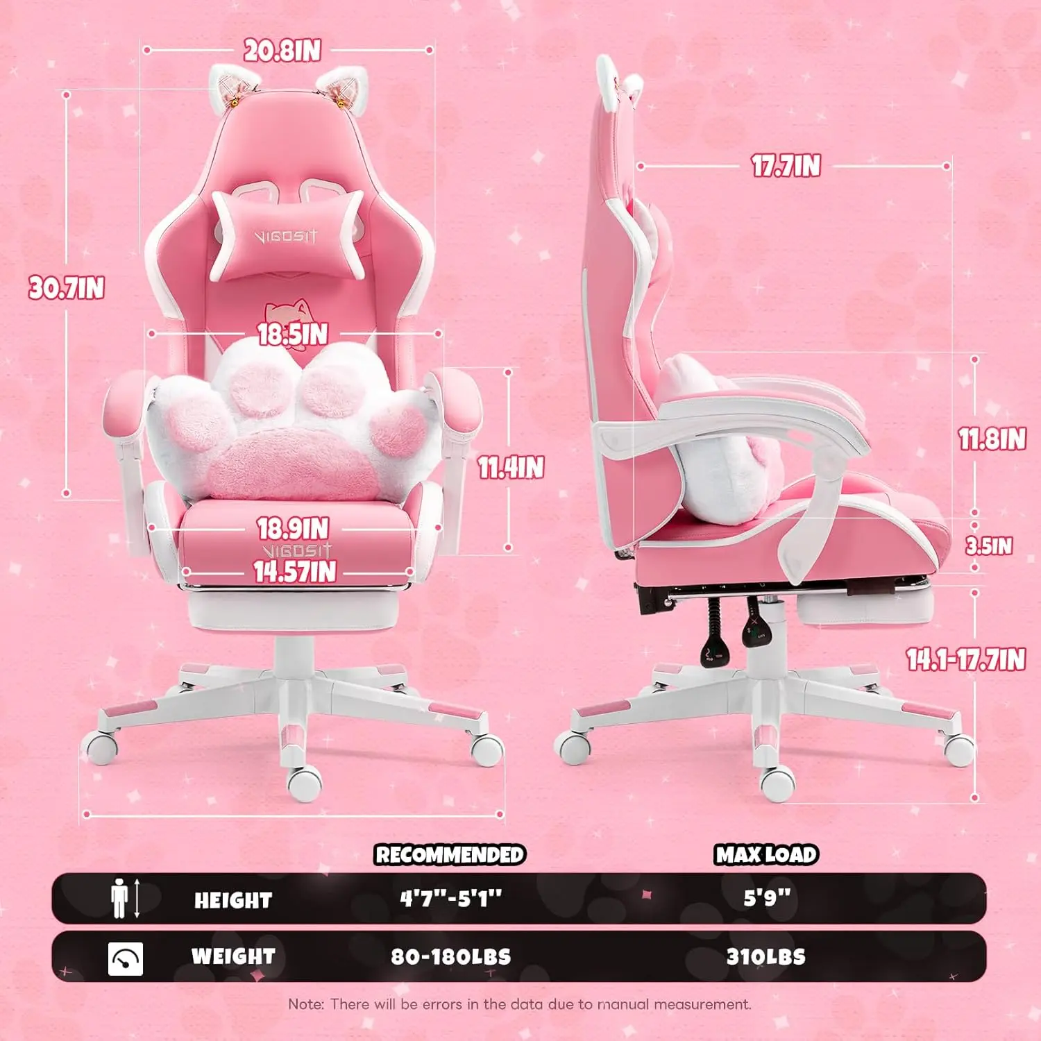 Pink Gaming Chair with Cat Paw Lumbar Cushion and Cat Ears, Ergonomic Computer Chair with Footrest, Reclining PC Game Chair