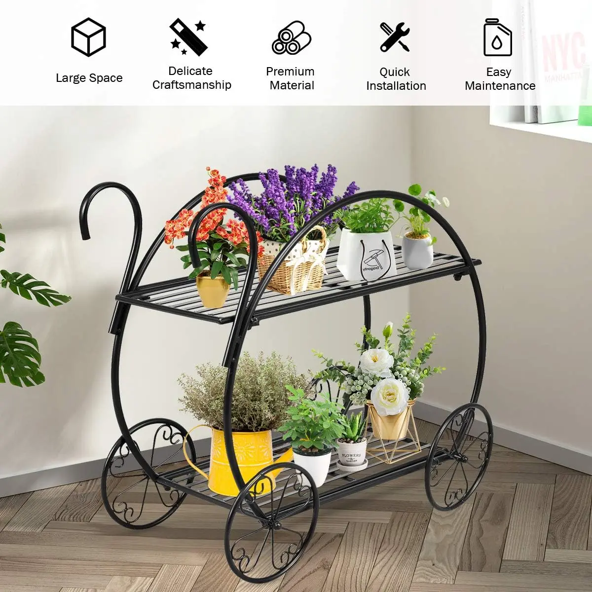 Garden Cart Metal Plant Stand with 4 Decorative Wheels, Succulent Collection Flower Pot Holder Display Shelf for Home Patio