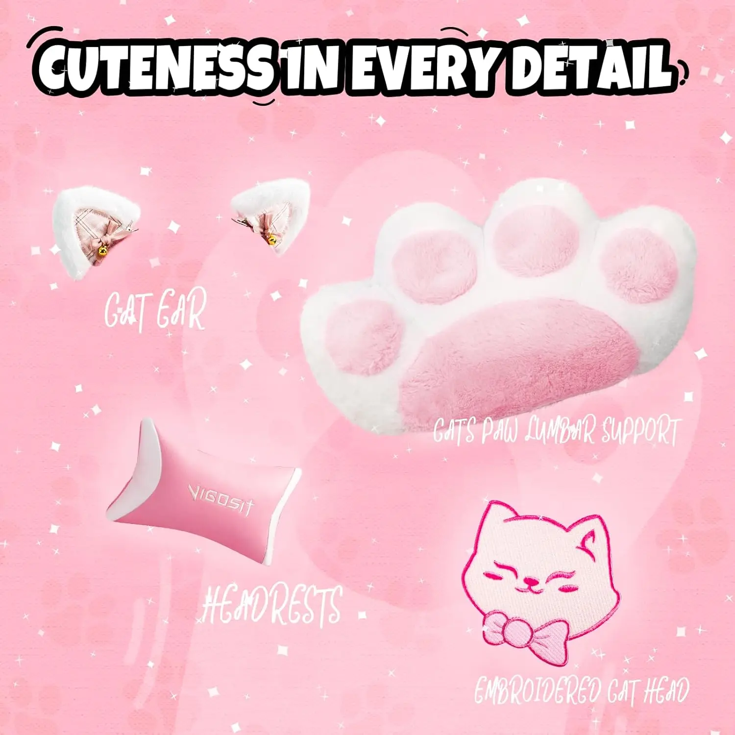Pink Gaming Chair with Cat Paw Lumbar Cushion and Cat Ears, Ergonomic Computer Chair with Footrest, Reclining PC Game Chair
