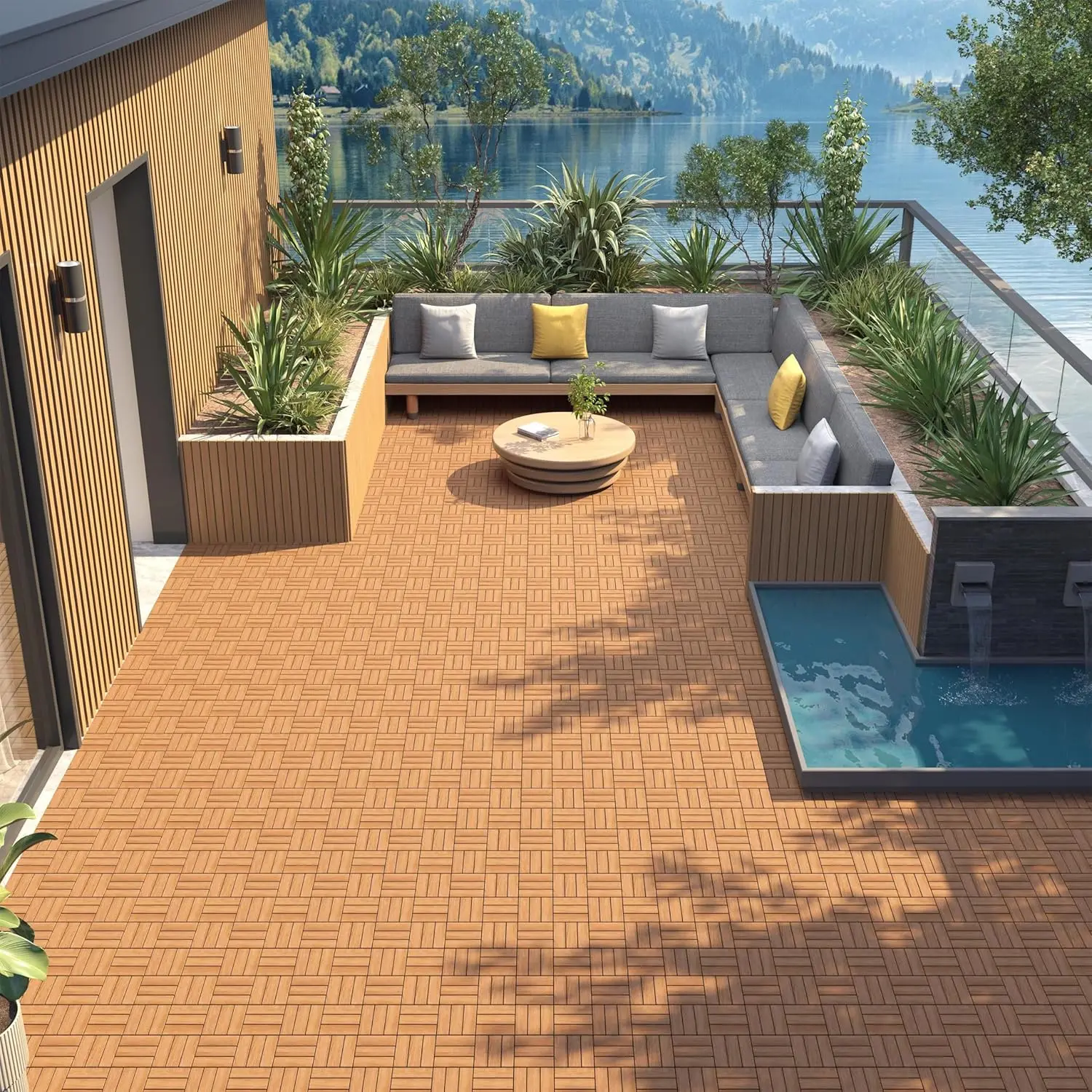 54pcs Hardwood Interlocking Patio Deck Tiles Acacia Waterproof Wood Flooring Tiles for Patio Garden Poolside, 12'' x12'' Indoor