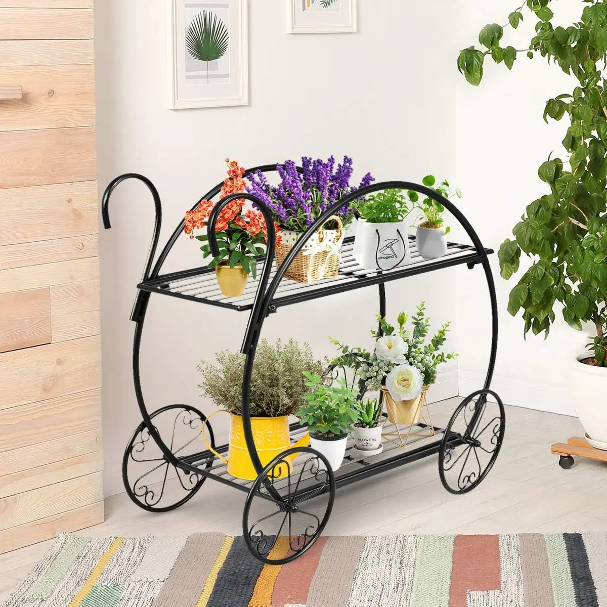 Garden Cart Metal Plant Stand with 4 Decorative Wheels, Succulent Collection Flower Pot Holder Display Shelf for Home Patio