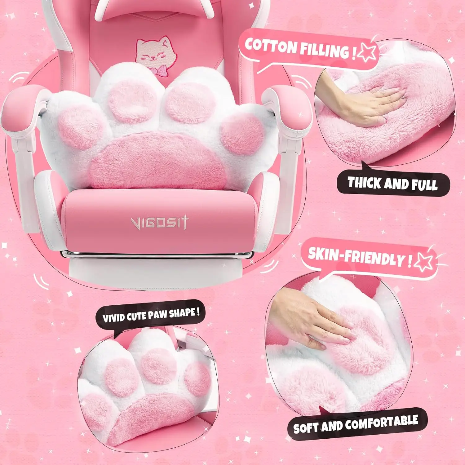 Pink Gaming Chair with Cat Paw Lumbar Cushion and Cat Ears, Ergonomic Computer Chair with Footrest, Reclining PC Game Chair