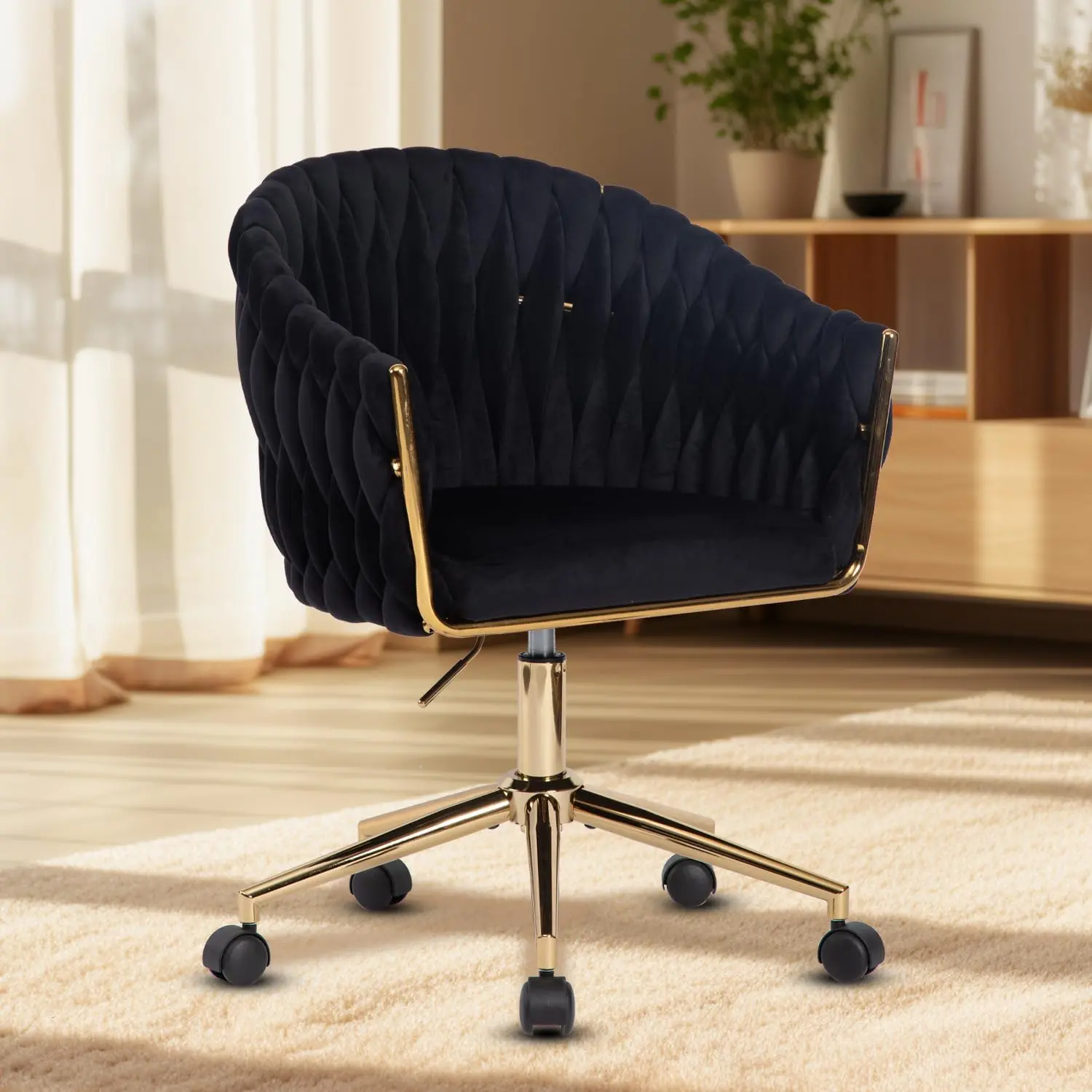 Velvet Office Chair with Hand Woven, Black Vanity Chairs with Golden Wheels, 360° Swivel Home Office Desk Chair Computer Chairs