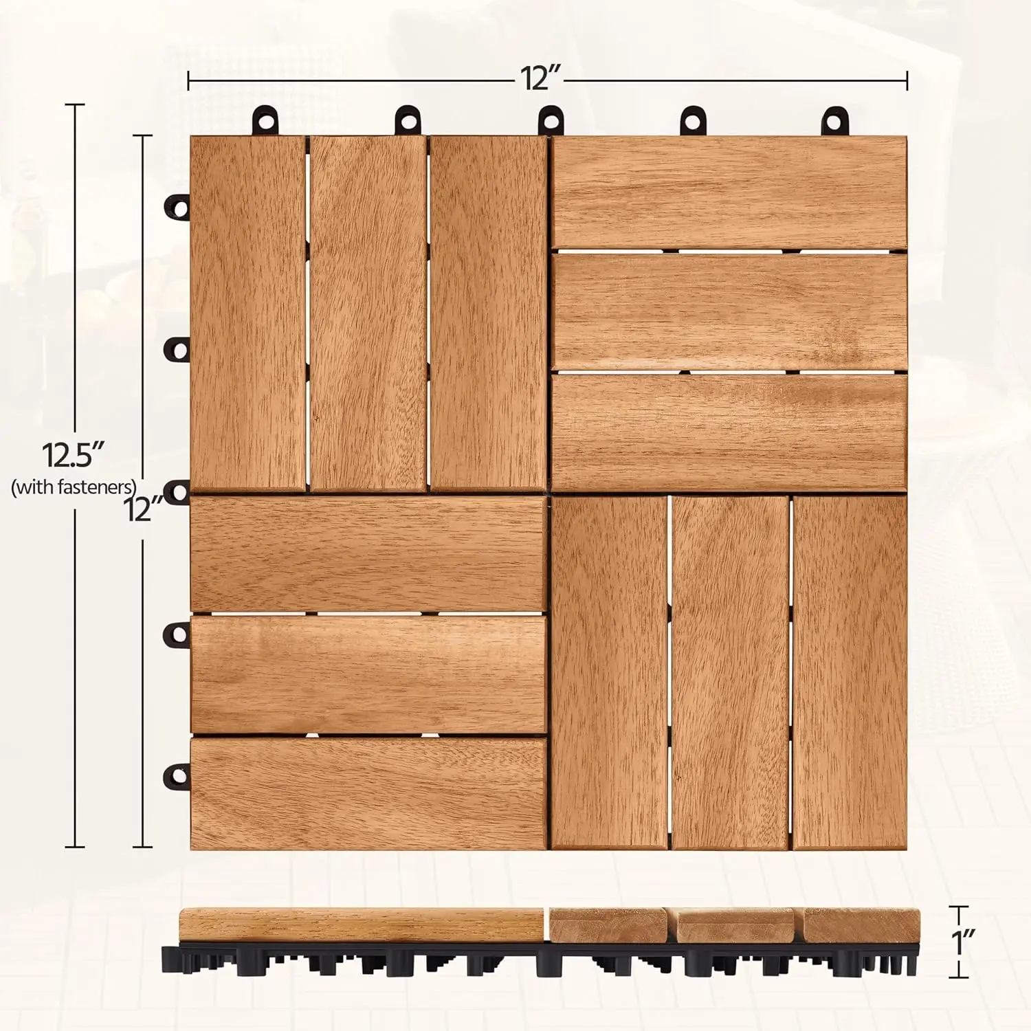 54pcs Hardwood Interlocking Patio Deck Tiles Acacia Waterproof Wood Flooring Tiles for Patio Garden Poolside, 12'' x12'' Indoor