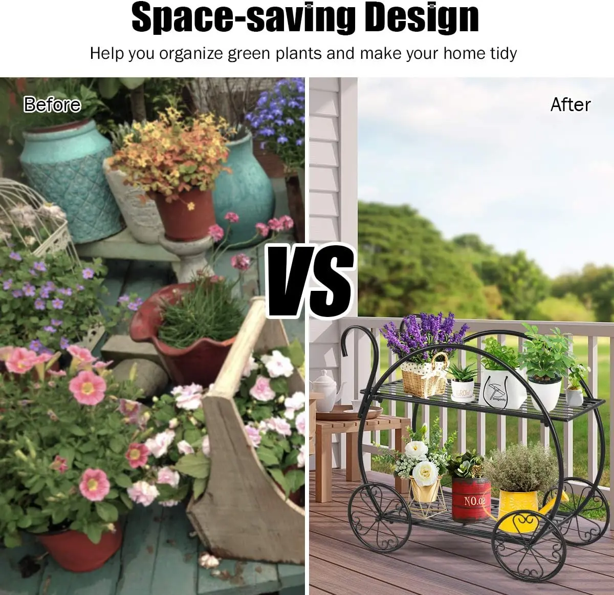 Garden Cart Metal Plant Stand with 4 Decorative Wheels, Succulent Collection Flower Pot Holder Display Shelf for Home Patio