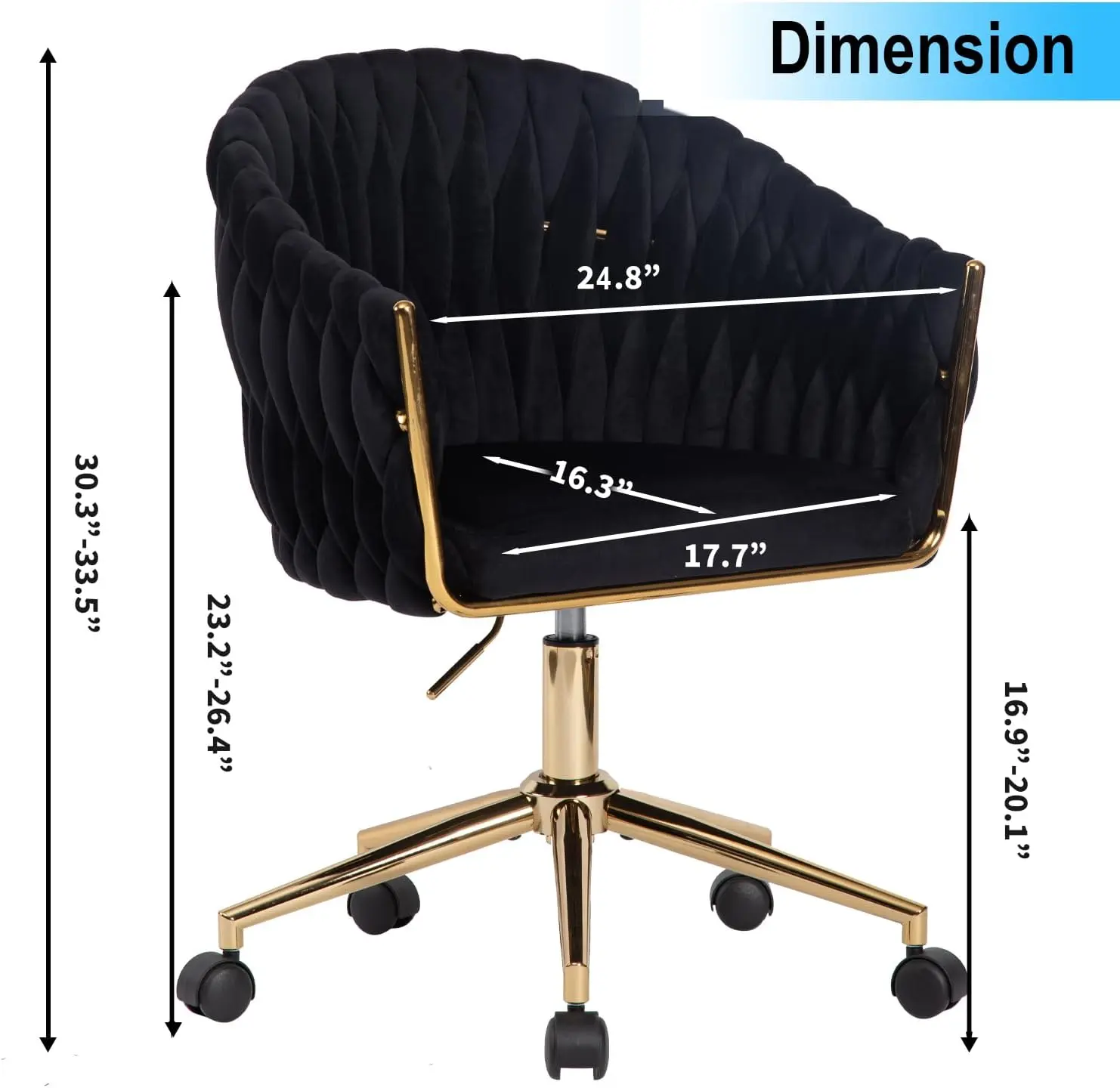 Velvet Office Chair with Hand Woven, Black Vanity Chairs with Golden Wheels, 360° Swivel Home Office Desk Chair Computer Chairs