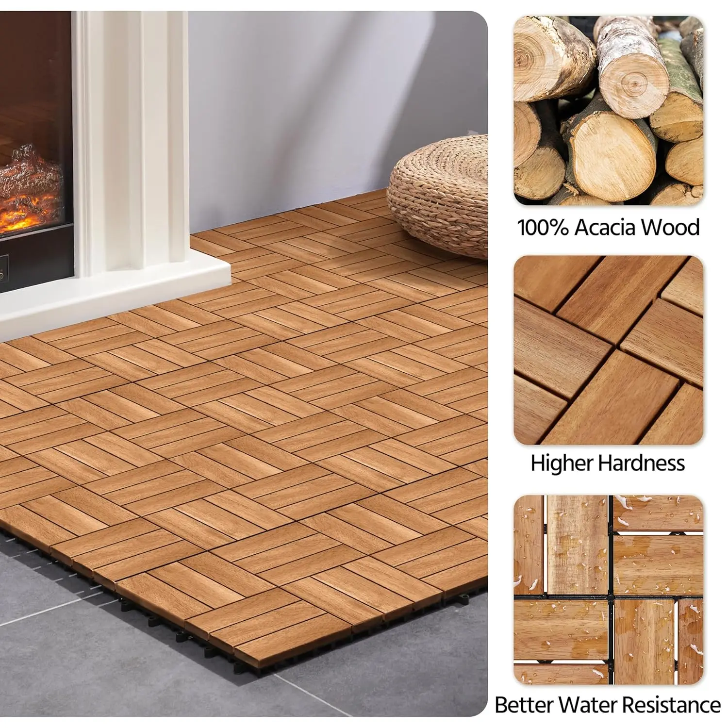 54pcs Hardwood Interlocking Patio Deck Tiles Acacia Waterproof Wood Flooring Tiles for Patio Garden Poolside, 12'' x12'' Indoor