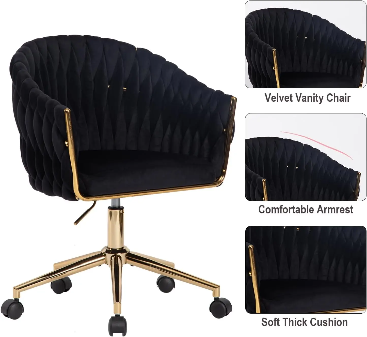 Velvet Office Chair with Hand Woven, Black Vanity Chairs with Golden Wheels, 360° Swivel Home Office Desk Chair Computer Chairs