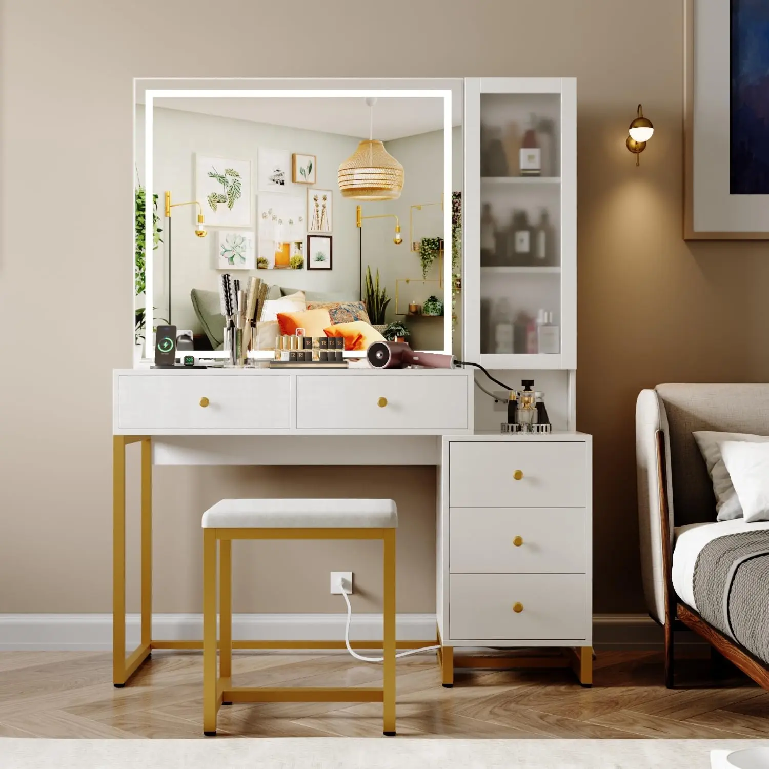 Vanity Set with Lighted Mirror and Charging Station, Extra Large Mirror Makeup Vanity Table with Cushioned Stool, White and Gold