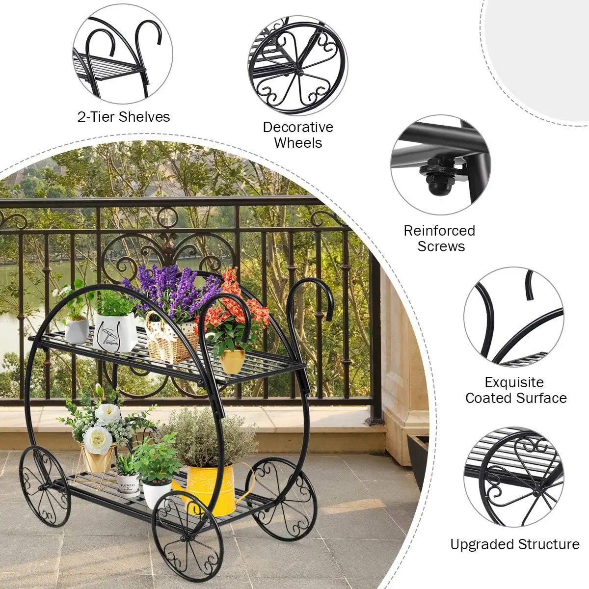 Garden Cart Metal Plant Stand with 4 Decorative Wheels, Succulent Collection Flower Pot Holder Display Shelf for Home Patio