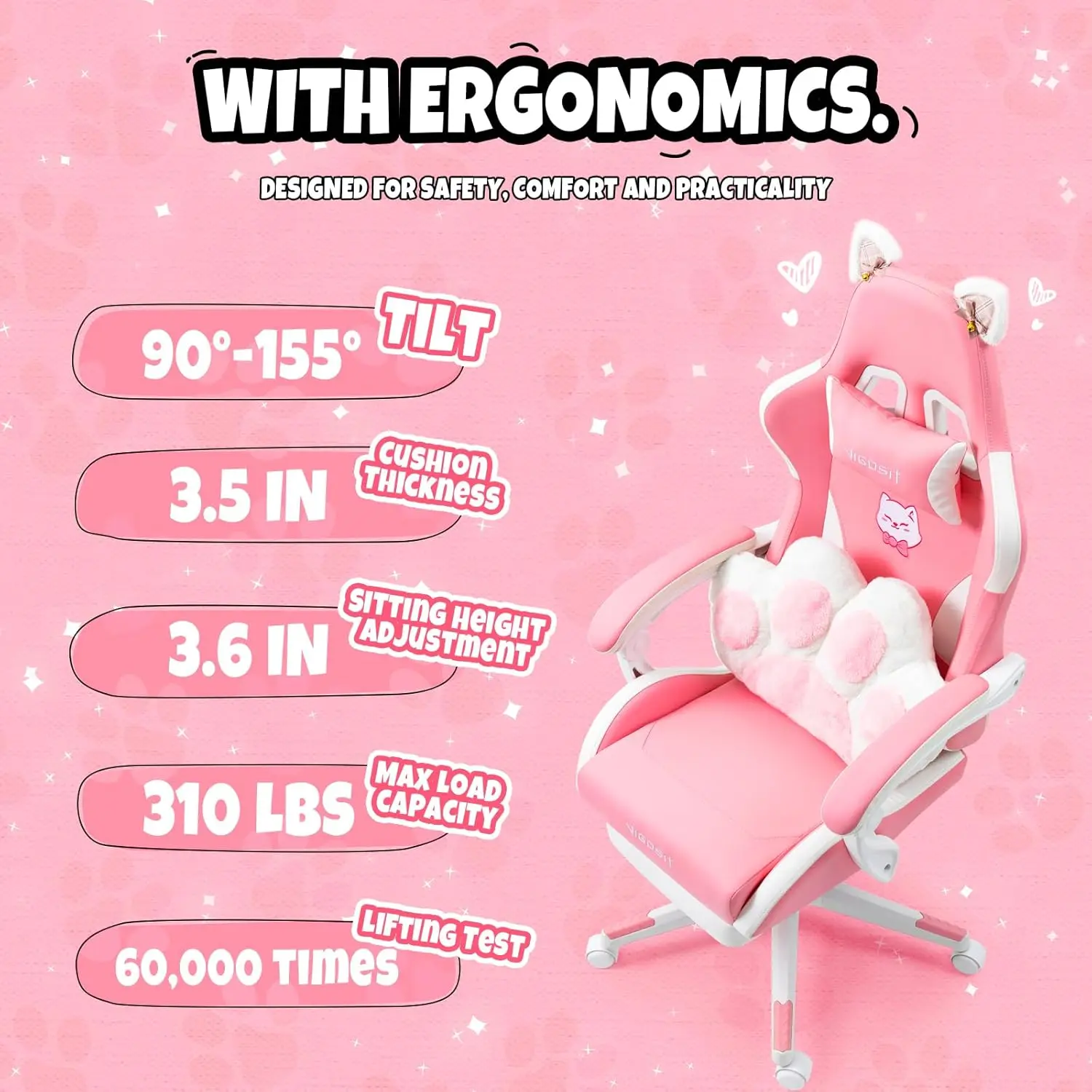 Pink Gaming Chair with Cat Paw Lumbar Cushion and Cat Ears, Ergonomic Computer Chair with Footrest, Reclining PC Game Chair