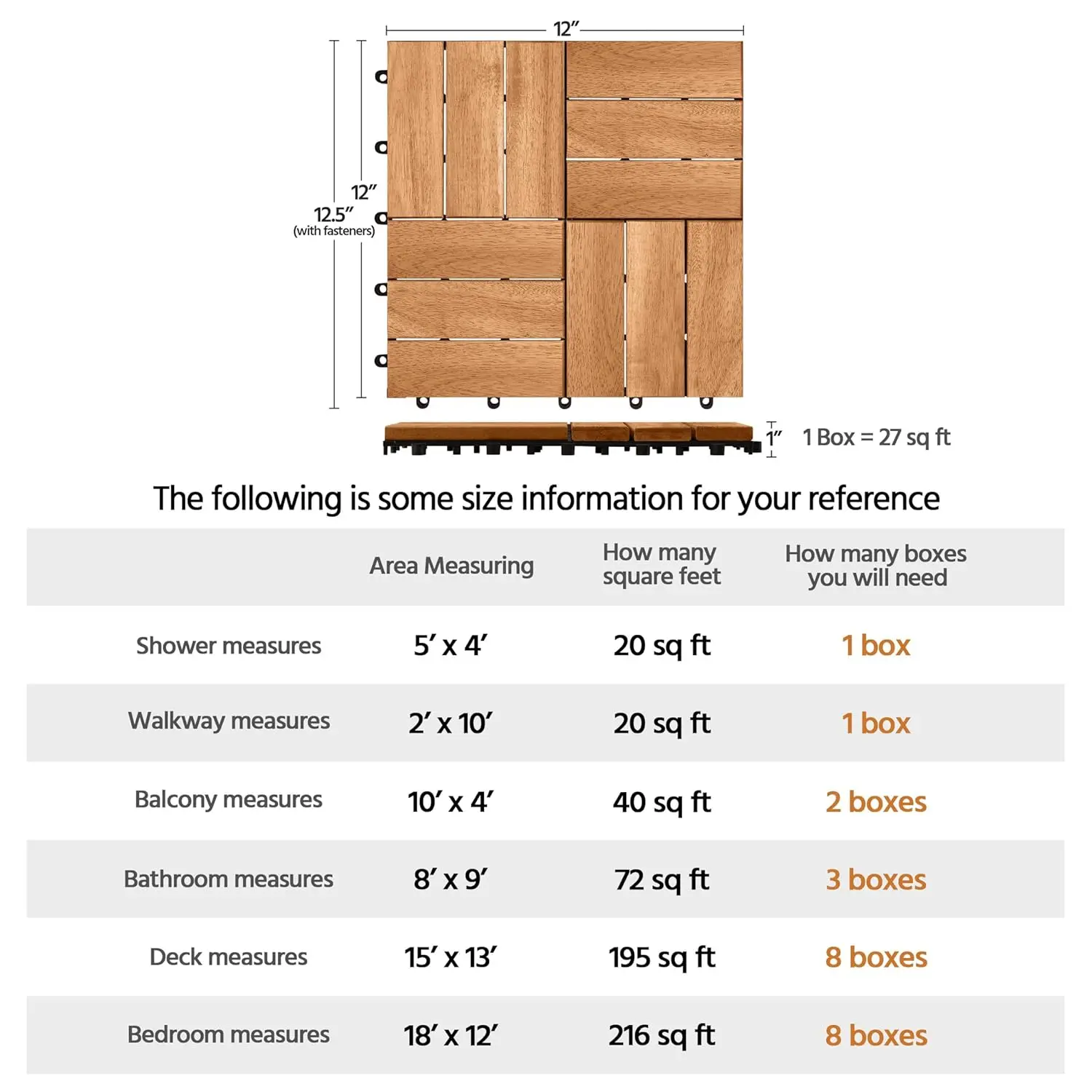 54pcs Hardwood Interlocking Patio Deck Tiles Acacia Waterproof Wood Flooring Tiles for Patio Garden Poolside, 12'' x12'' Indoor