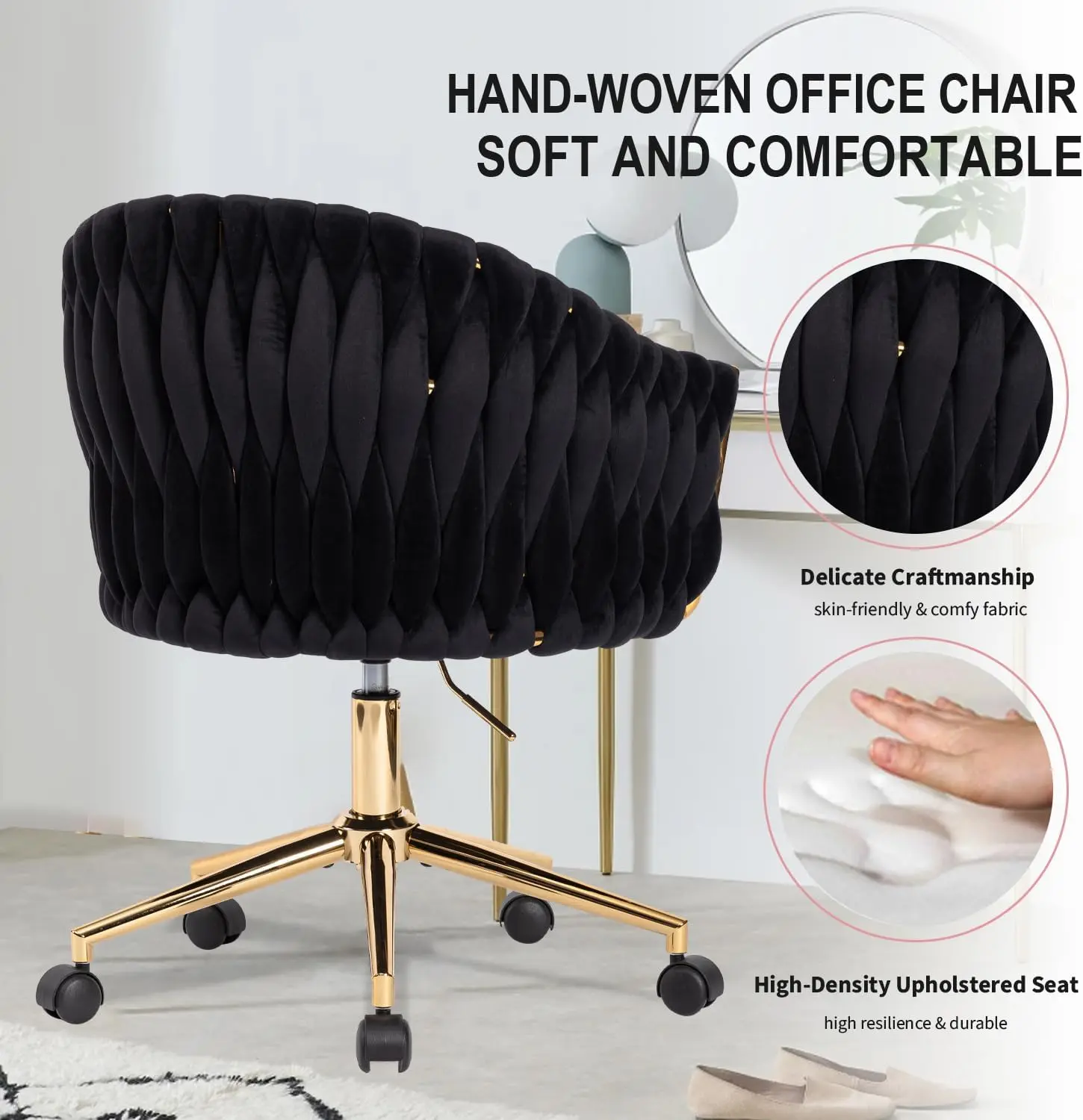 Velvet Office Chair with Hand Woven, Black Vanity Chairs with Golden Wheels, 360° Swivel Home Office Desk Chair Computer Chairs