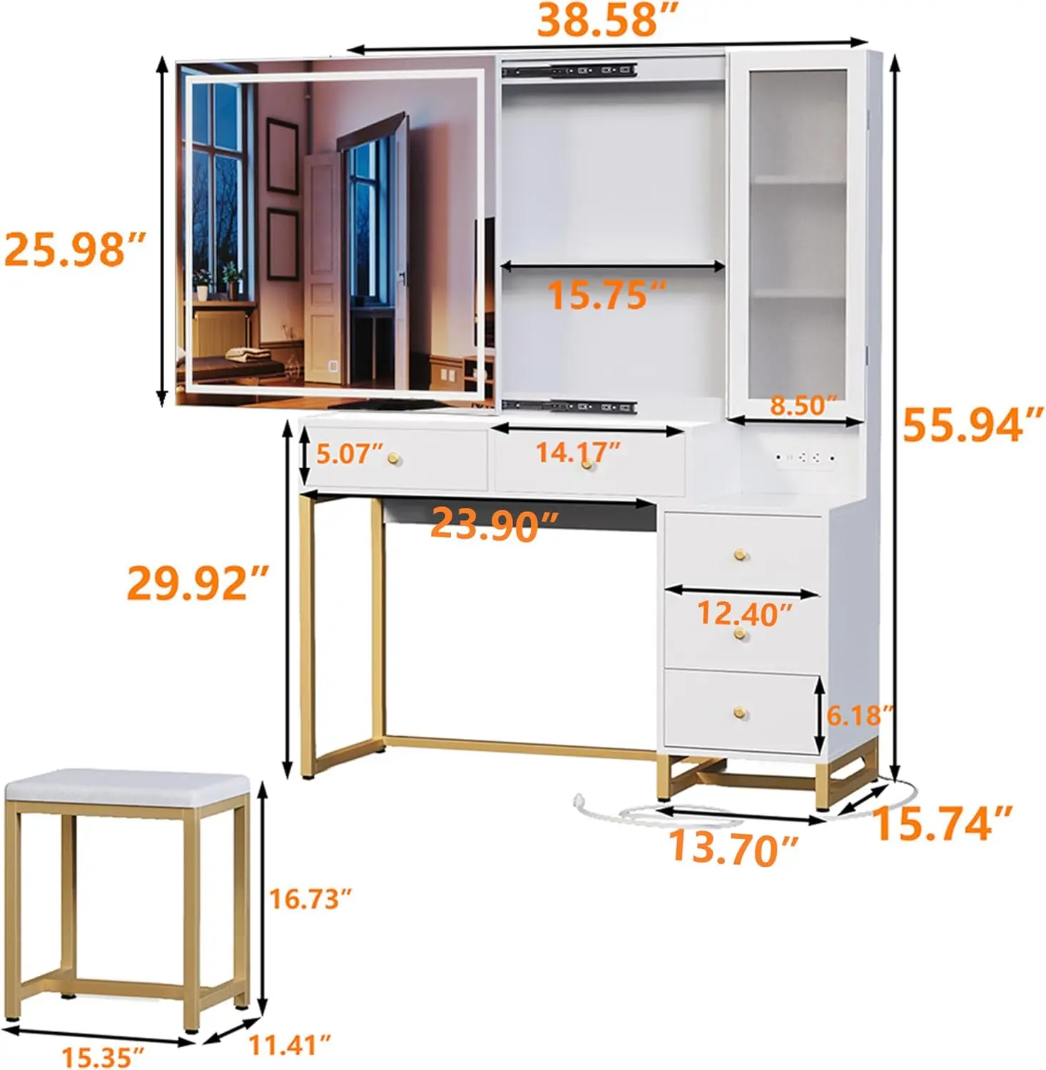 Vanity Set with Lighted Mirror and Charging Station, Extra Large Mirror Makeup Vanity Table with Cushioned Stool, White and Gold