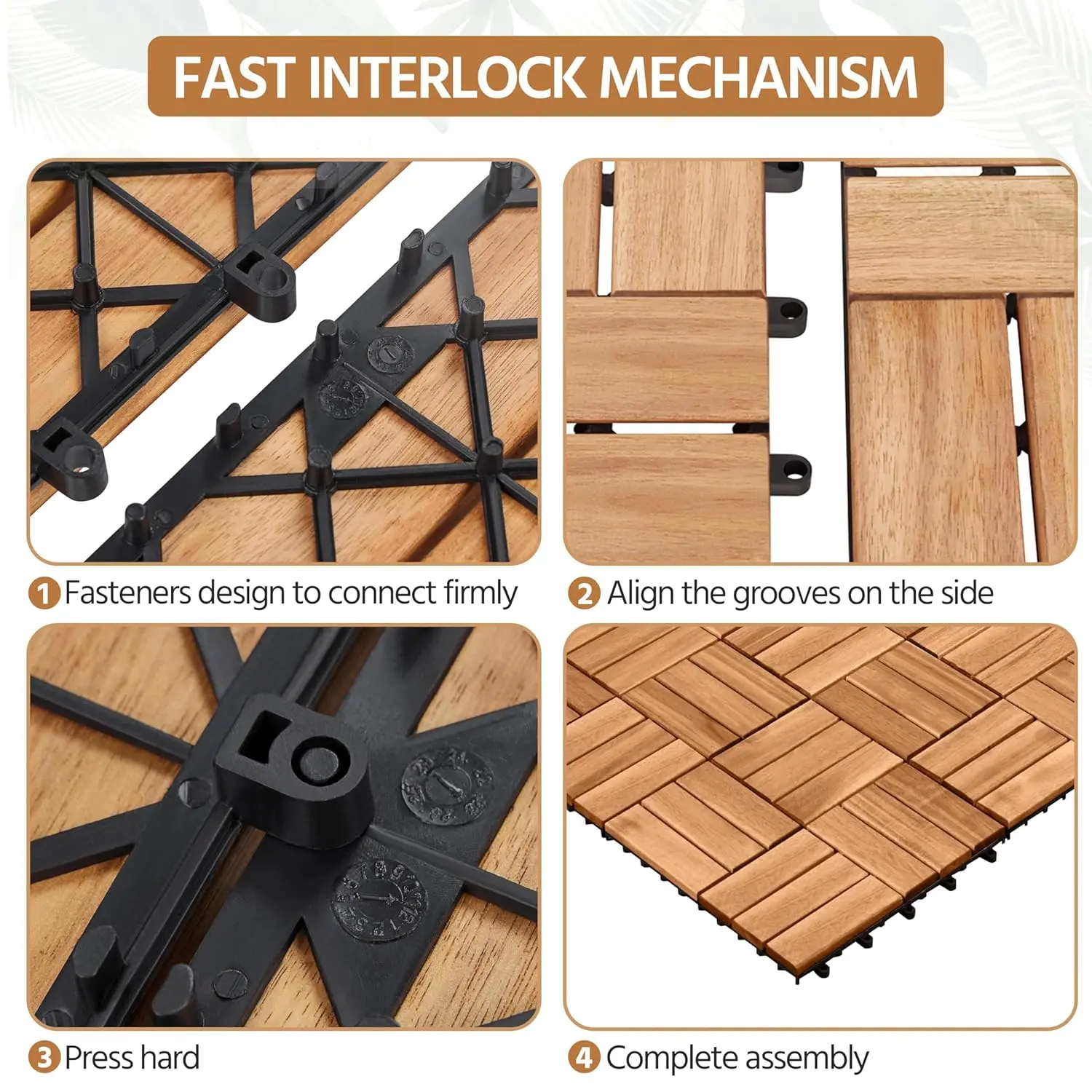 54pcs Hardwood Interlocking Patio Deck Tiles Acacia Waterproof Wood Flooring Tiles for Patio Garden Poolside, 12'' x12'' Indoor