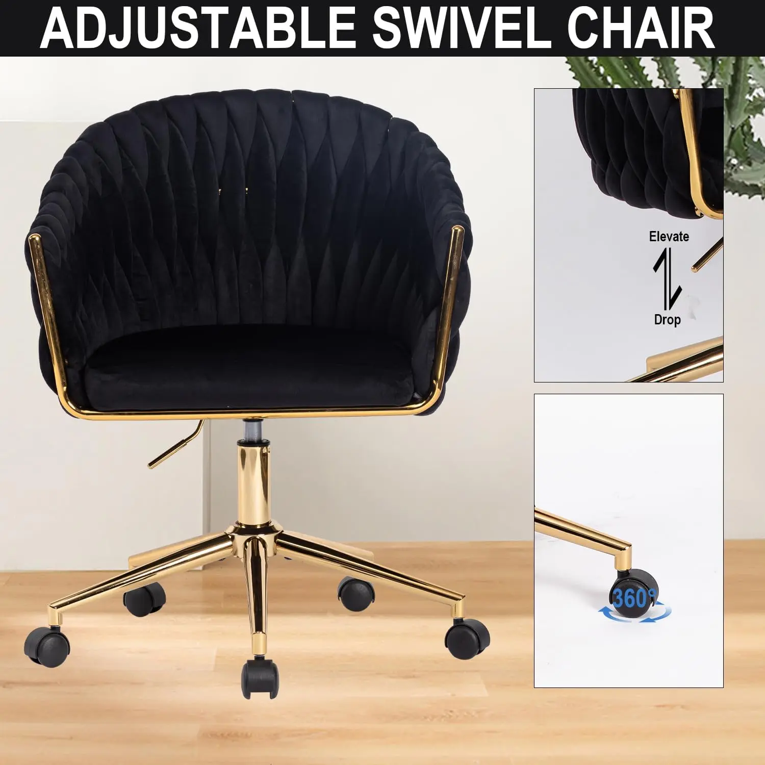 Velvet Office Chair with Hand Woven, Black Vanity Chairs with Golden Wheels, 360° Swivel Home Office Desk Chair Computer Chairs