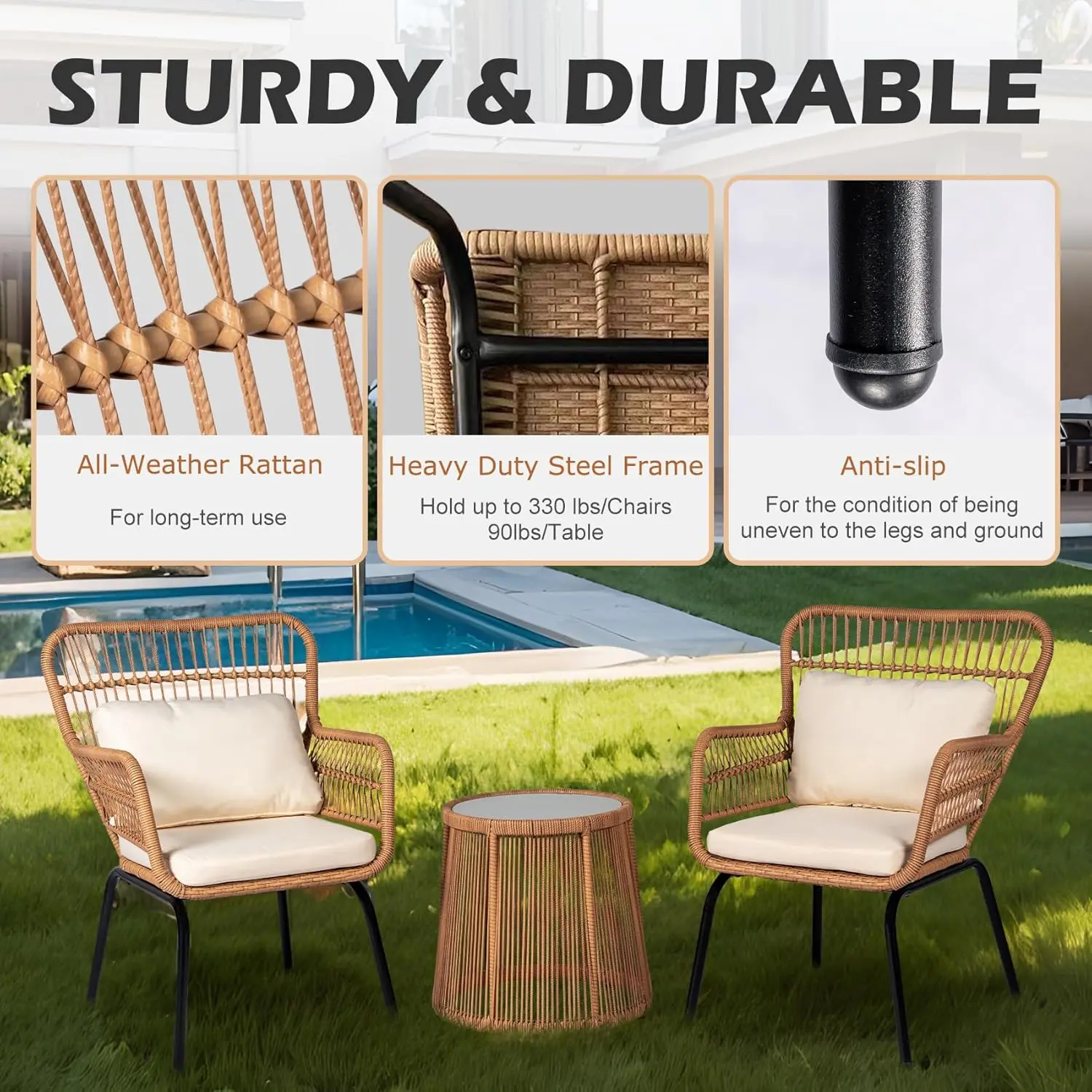 3 Piece Outdoor Wicker Furniture Bistro Set,Rattan Chairs Conversation Sets Wicker Patio Furniture for Balcony Poolside Backyard
