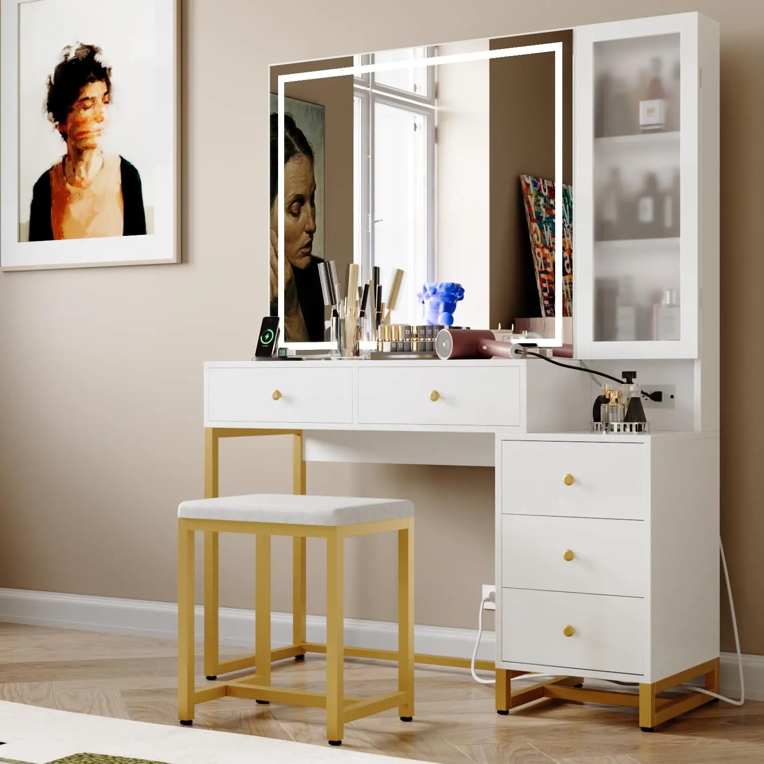 Vanity Set with Lighted Mirror and Charging Station, Extra Large Mirror Makeup Vanity Table with Cushioned Stool, White and Gold