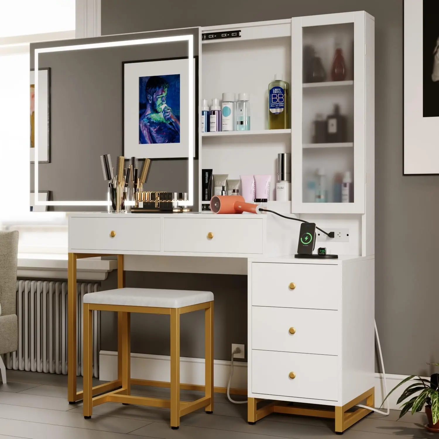 Vanity Set with Lighted Mirror and Charging Station, Extra Large Mirror Makeup Vanity Table with Cushioned Stool, White and Gold