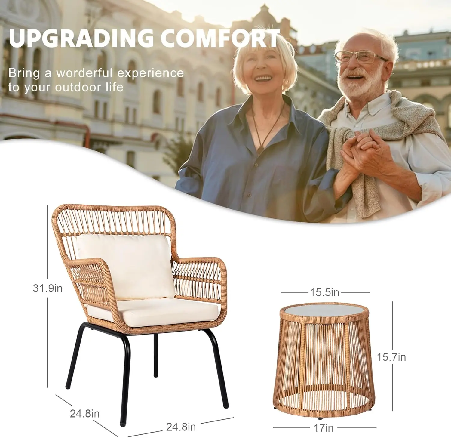 3 Piece Outdoor Wicker Furniture Bistro Set,Rattan Chairs Conversation Sets Wicker Patio Furniture for Balcony Poolside Backyard