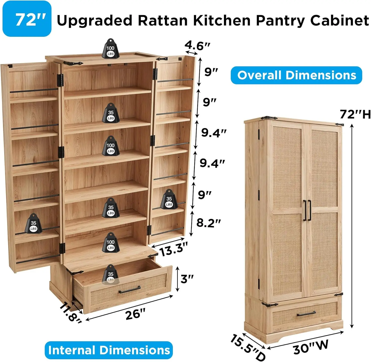 72" Tall Rattan Kitchen Pantry Cabinet with Drawer,Boho Storage Cabinet with 2 Rattan Doors and Shelves, Versatile Large Cabinet