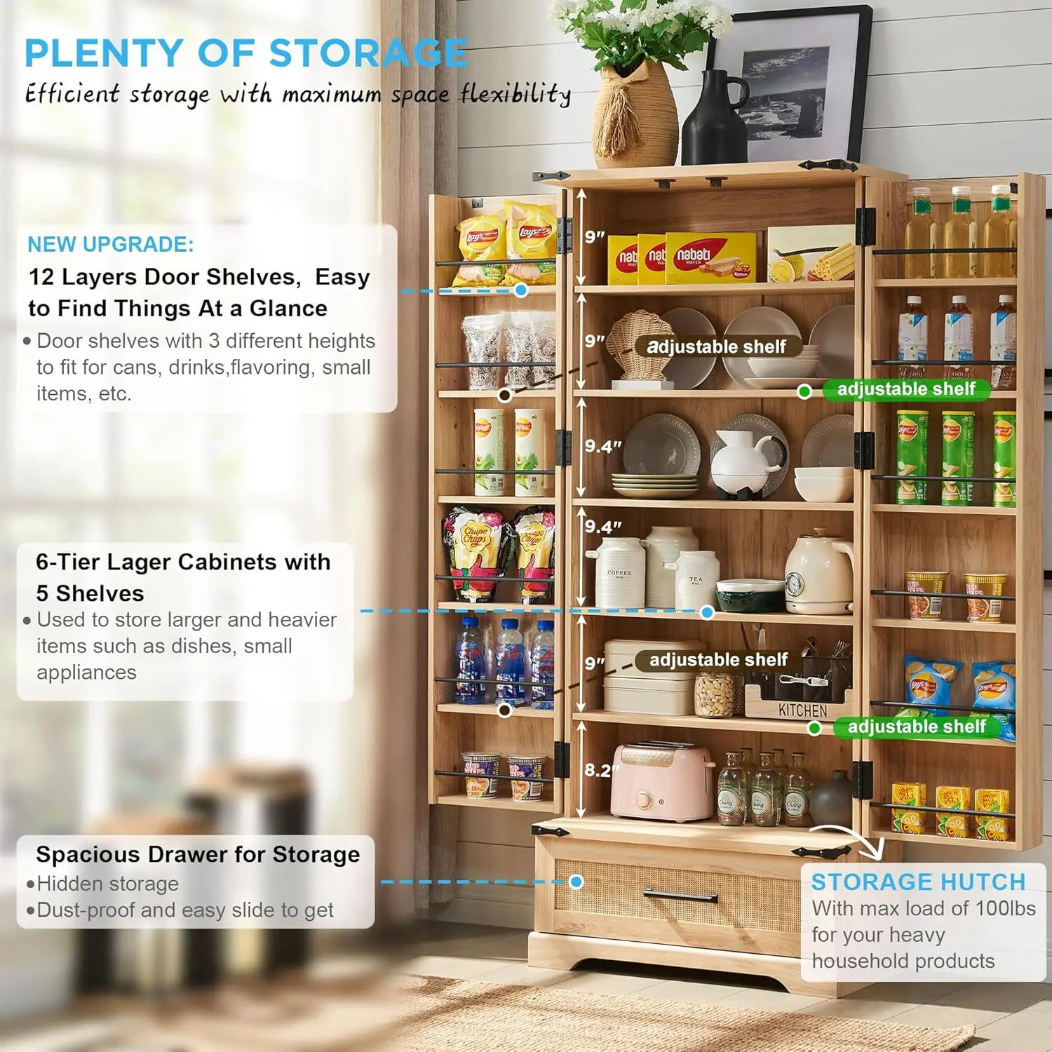 72" Tall Rattan Kitchen Pantry Cabinet with Drawer,Boho Storage Cabinet with 2 Rattan Doors and Shelves, Versatile Large Cabinet