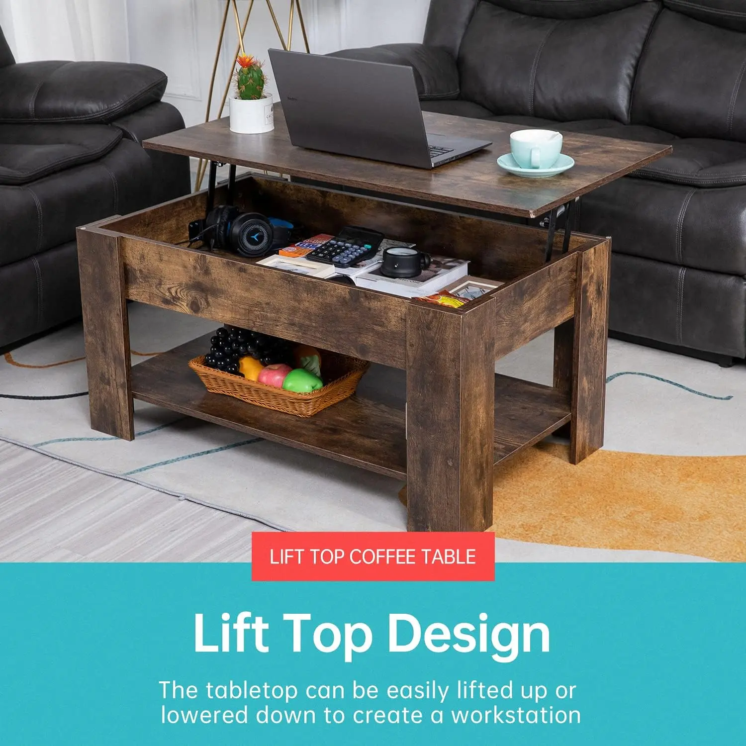 Lift TopCoffeeTable with HiddenCompartment and Storage Shelf WoodenLift Tabletop for Home Living Room Reception RoomOfficeBrown