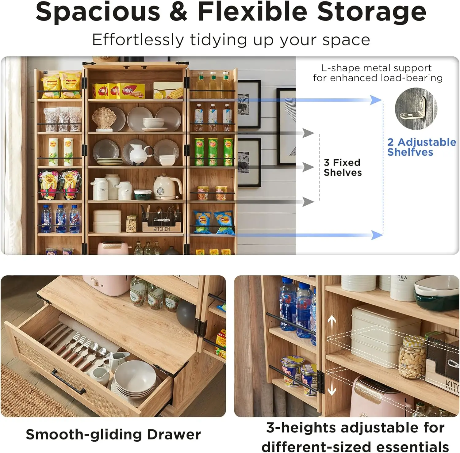 72" Tall Rattan Kitchen Pantry Cabinet with Drawer,Boho Storage Cabinet with 2 Rattan Doors and Shelves, Versatile Large Cabinet
