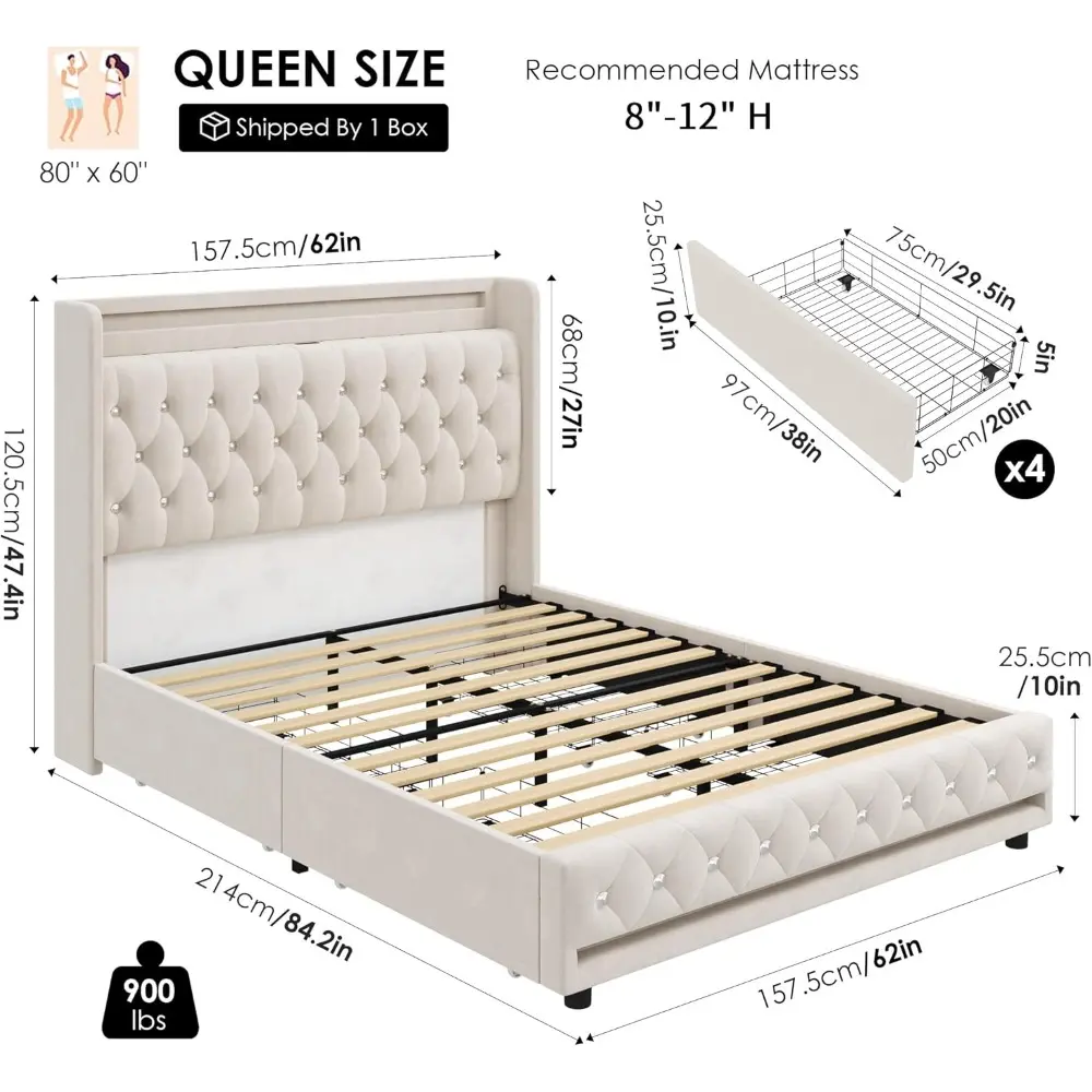 HIFIT Queen LED Bed Frame with Charging Station and 4 Storage Drawers, Velvet Upholstered Platform Bed with Handcrafted Crystal