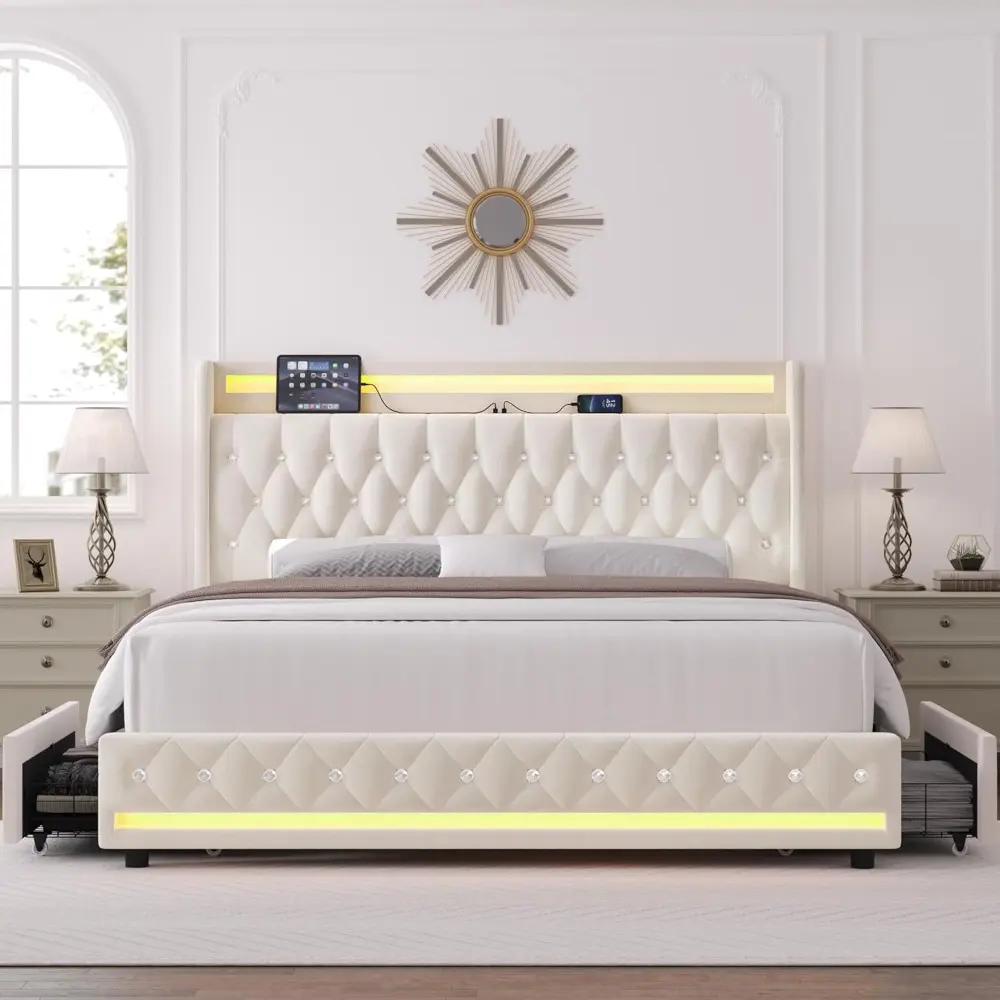 HIFIT Queen LED Bed Frame with Charging Station and 4 Storage Drawers, Velvet Upholstered Platform Bed with Handcrafted Crystal