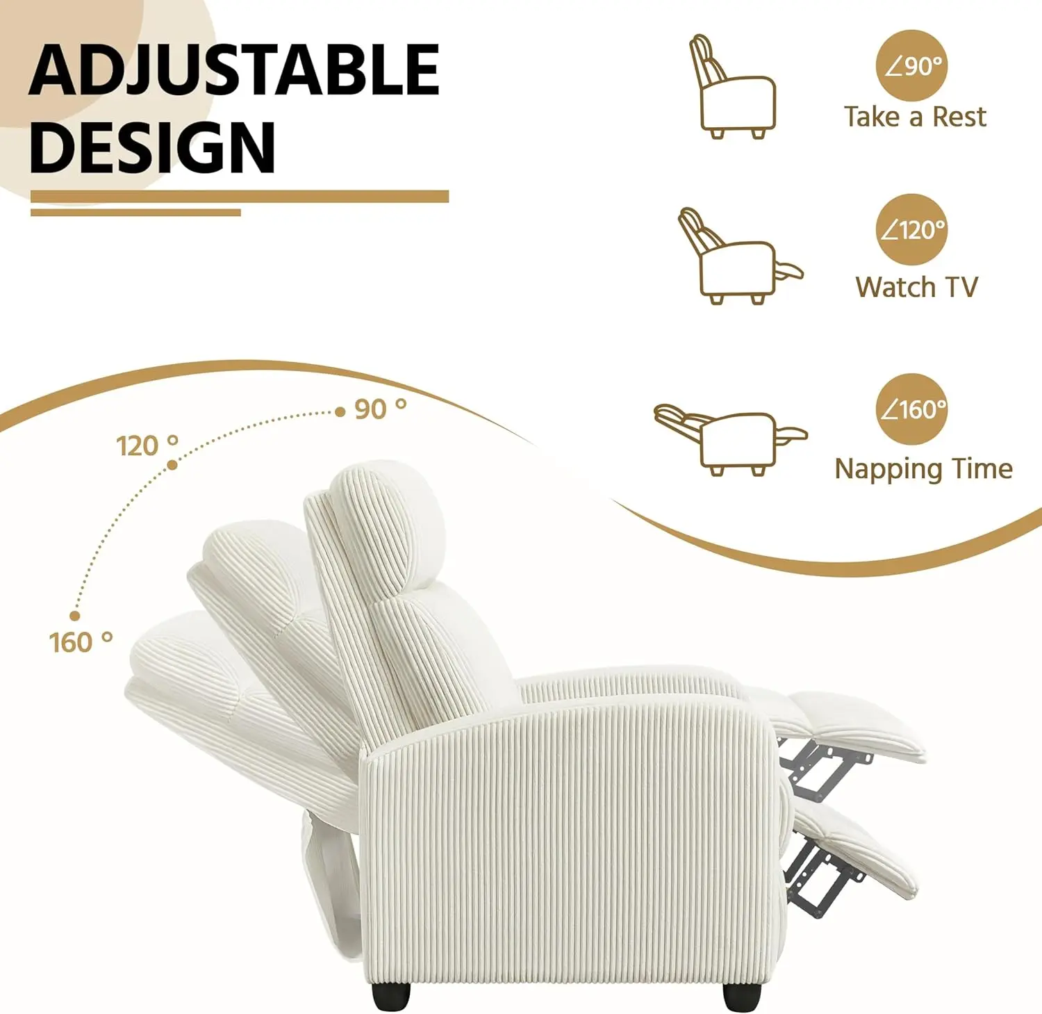 Corduroy Recliner Chair Single Sofa Home Theater Seating Adjustable Modern Reclining Chair for Living Room Bedroom Home Theater