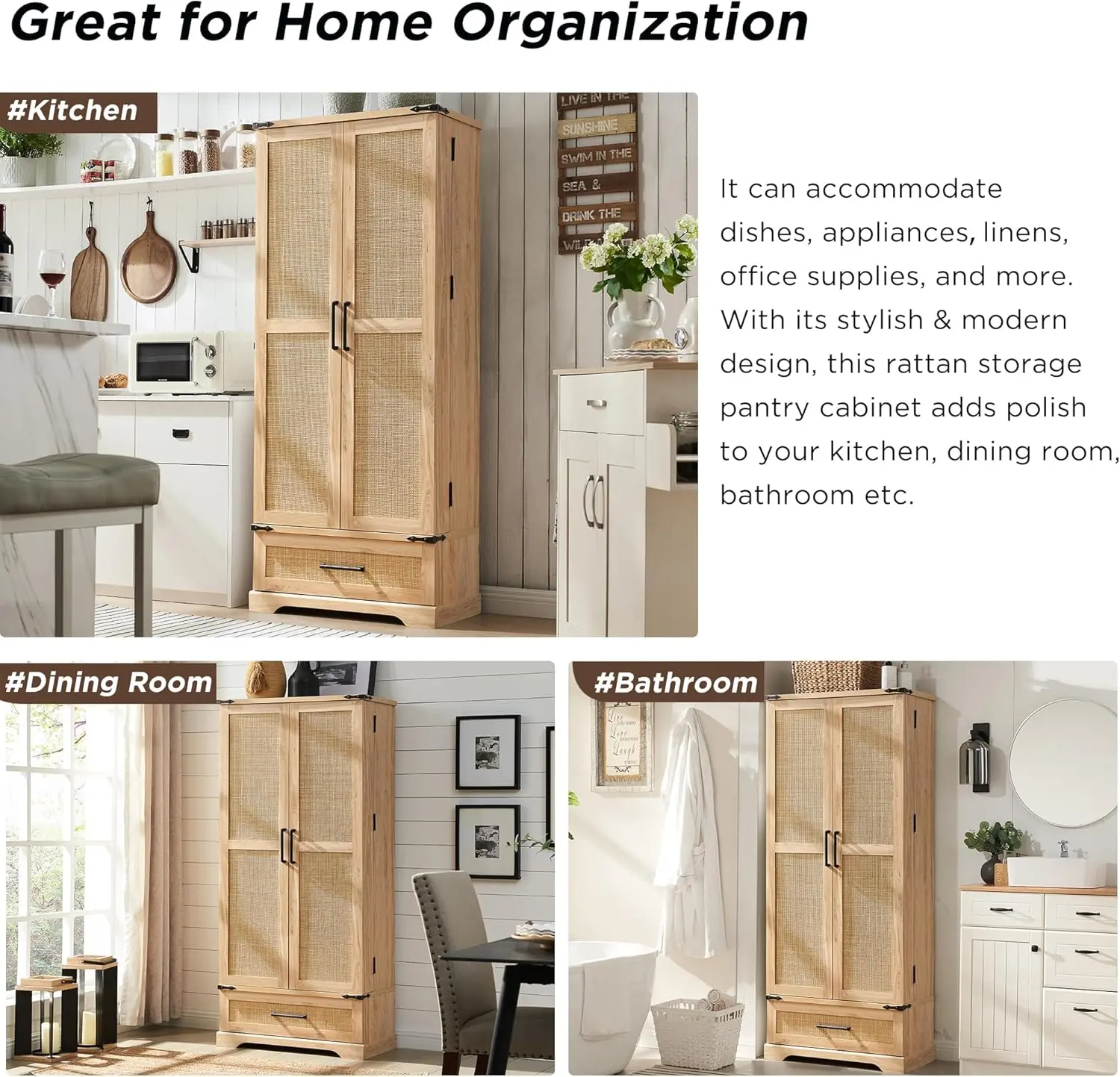 72" Tall Rattan Kitchen Pantry Cabinet with Drawer,Boho Storage Cabinet with 2 Rattan Doors and Shelves, Versatile Large Cabinet